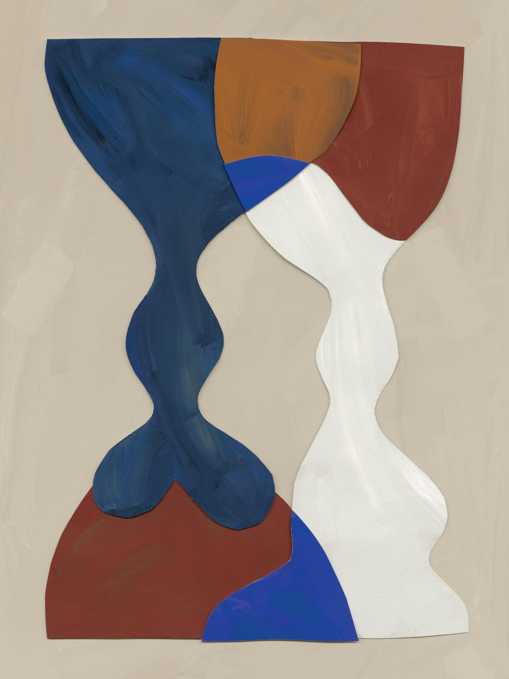 Handmålad kubistisk poster med överlappande, utskurna former i blått, brunt, vitt och beige, med texturerad penseldrag. Konsttry