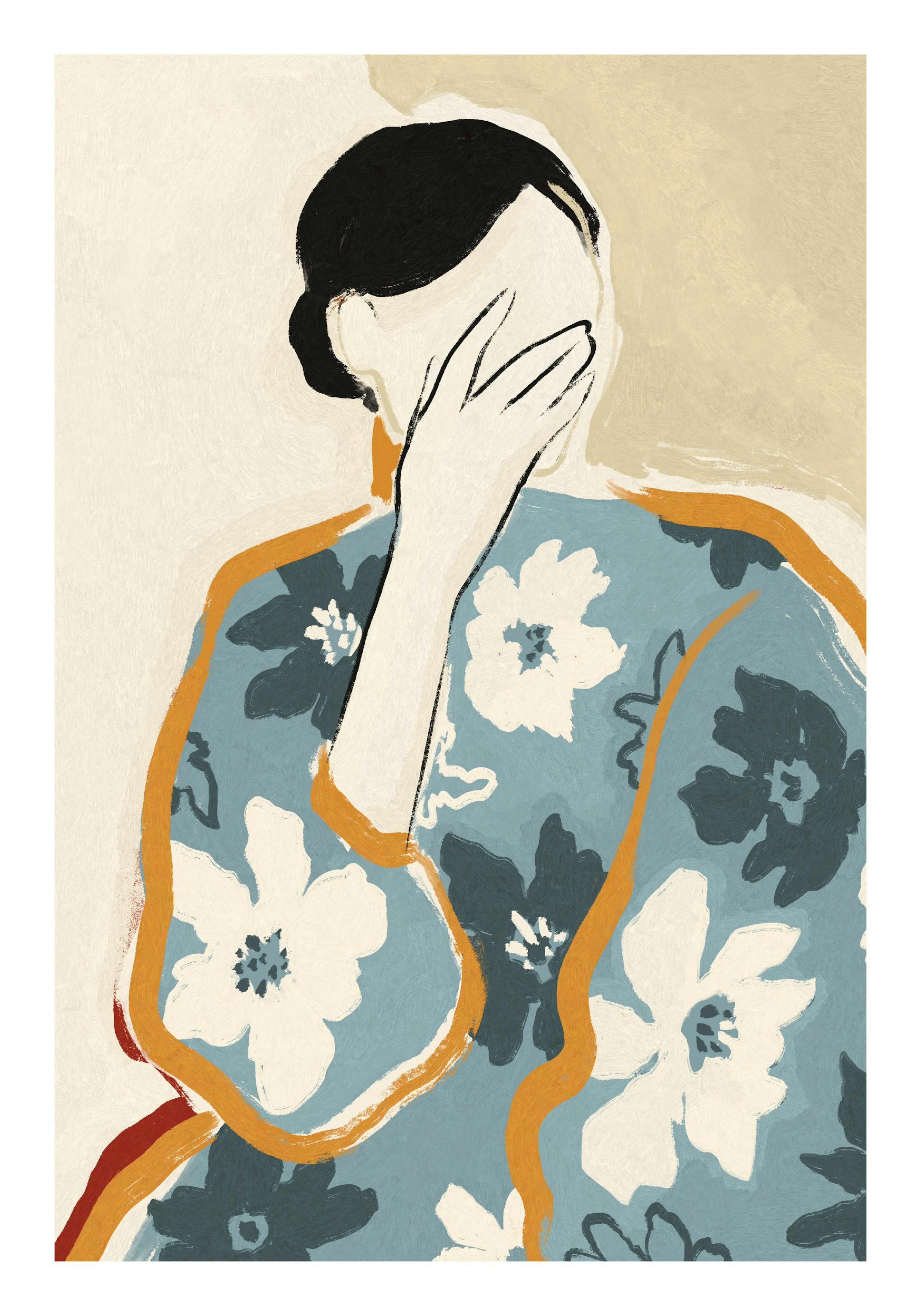 Ilustrace ženy v modrých květinových šatech s rukou přes obličej. Abstraktní květinový vzor, odstíny modré, béžové a oranžové.