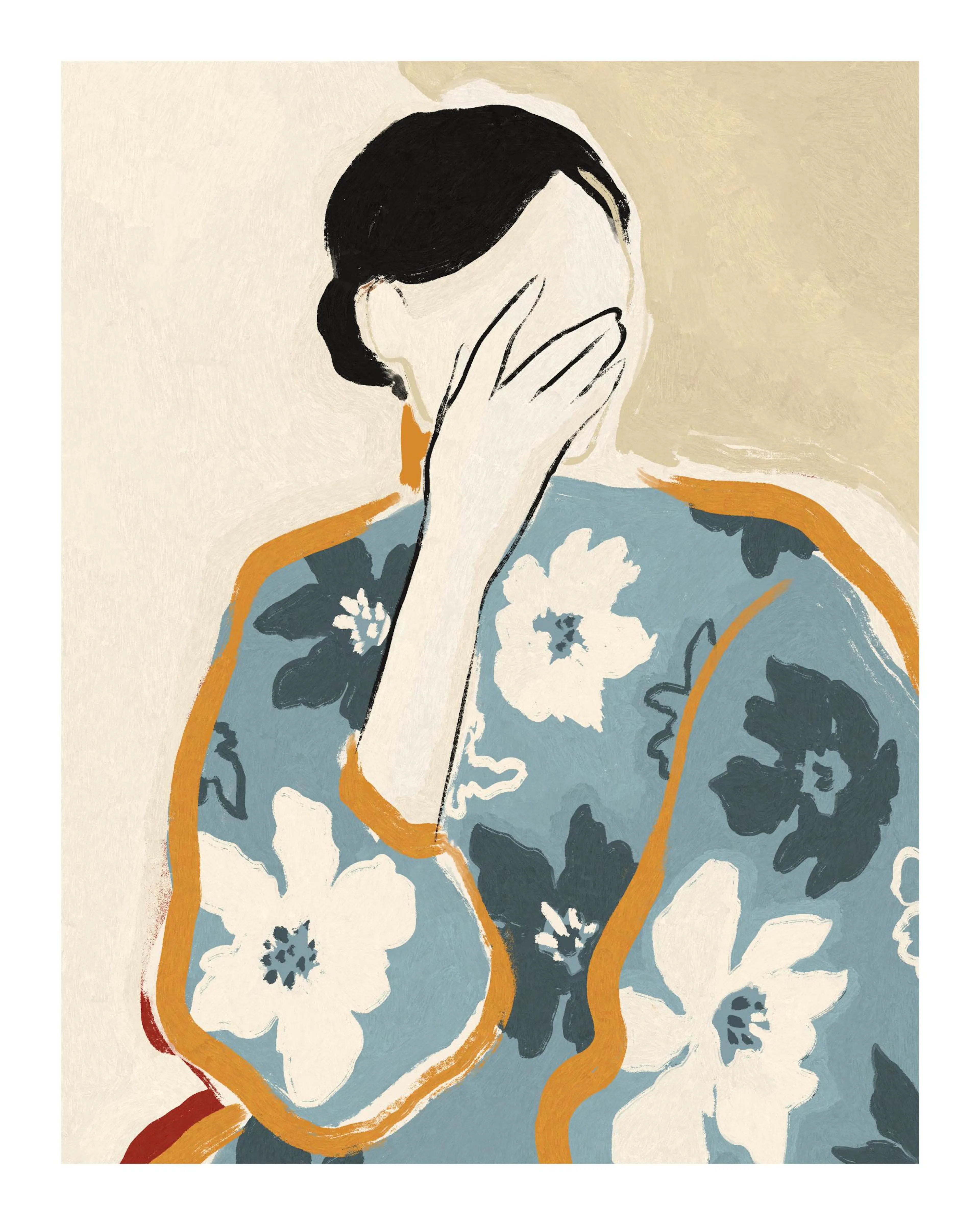 Illustration print of a woman in a blue floral dress with her hand covering her face, for a poster.