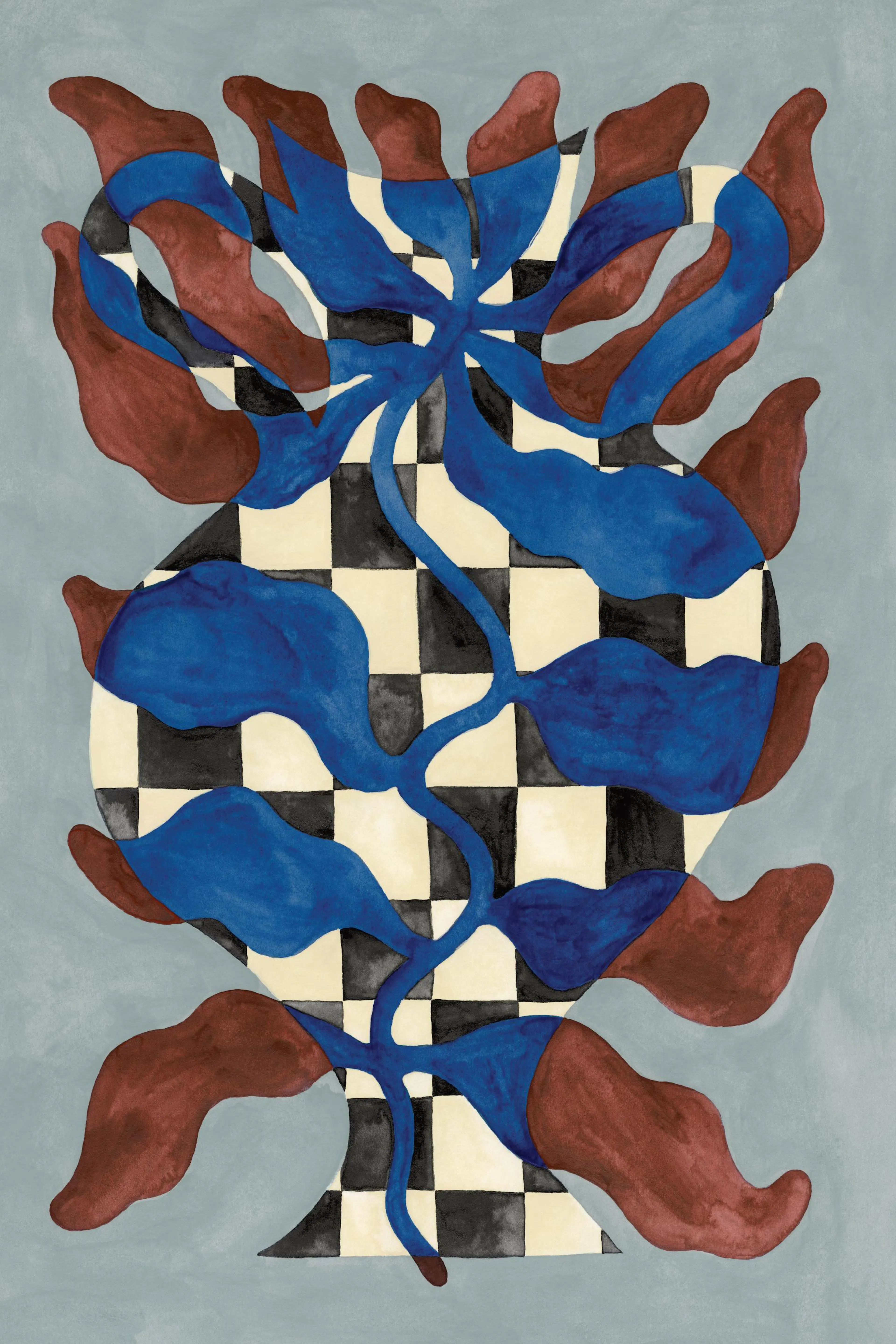 Affiche dart abstrait représentant un vase à damier noir et blanc avec des plantes bleues et marron.