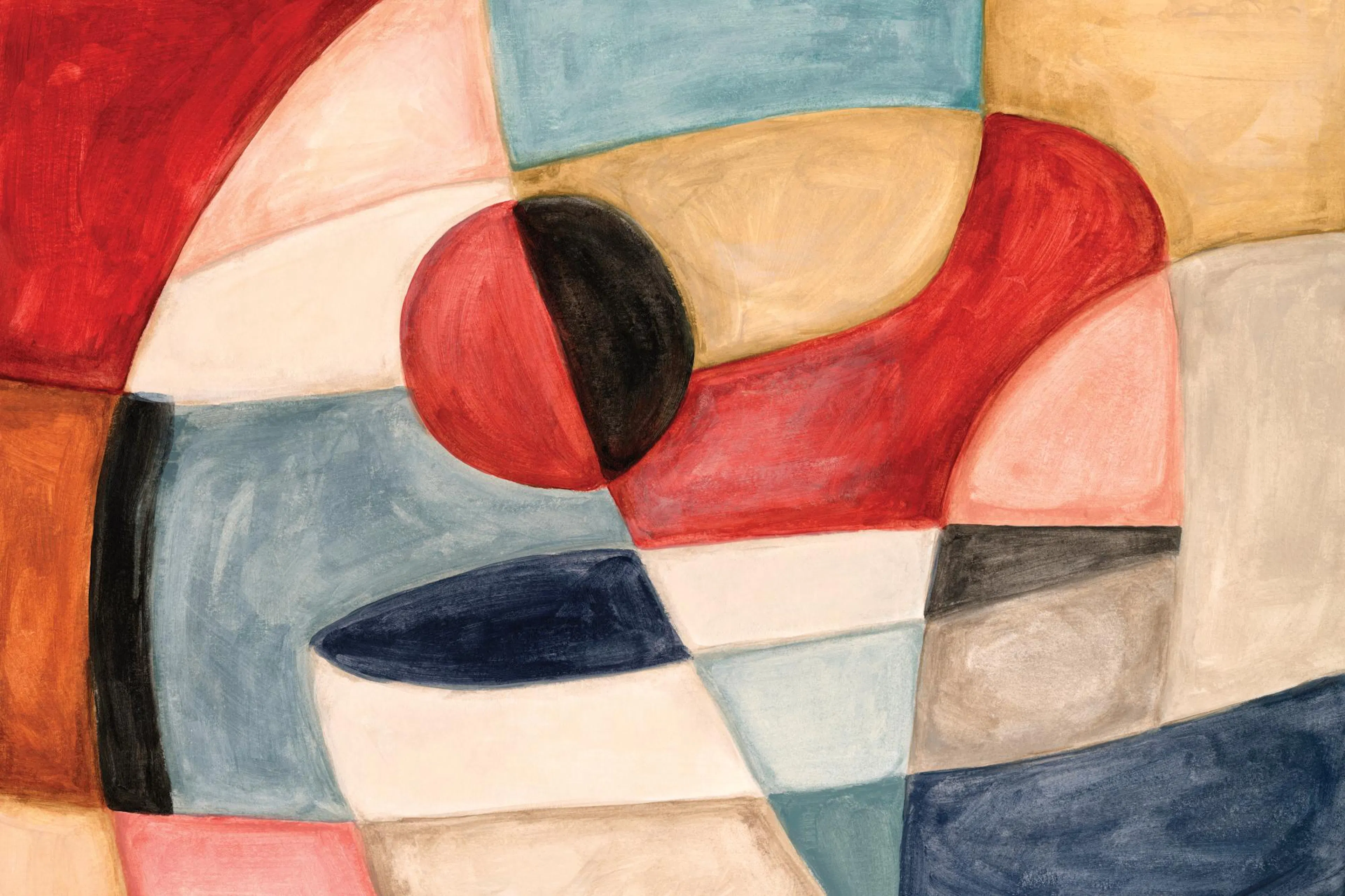 Kubistisch inspiriertes abstraktes Poster mit roten, blauen und beigen Formen, handgemaltes Kunstwerk