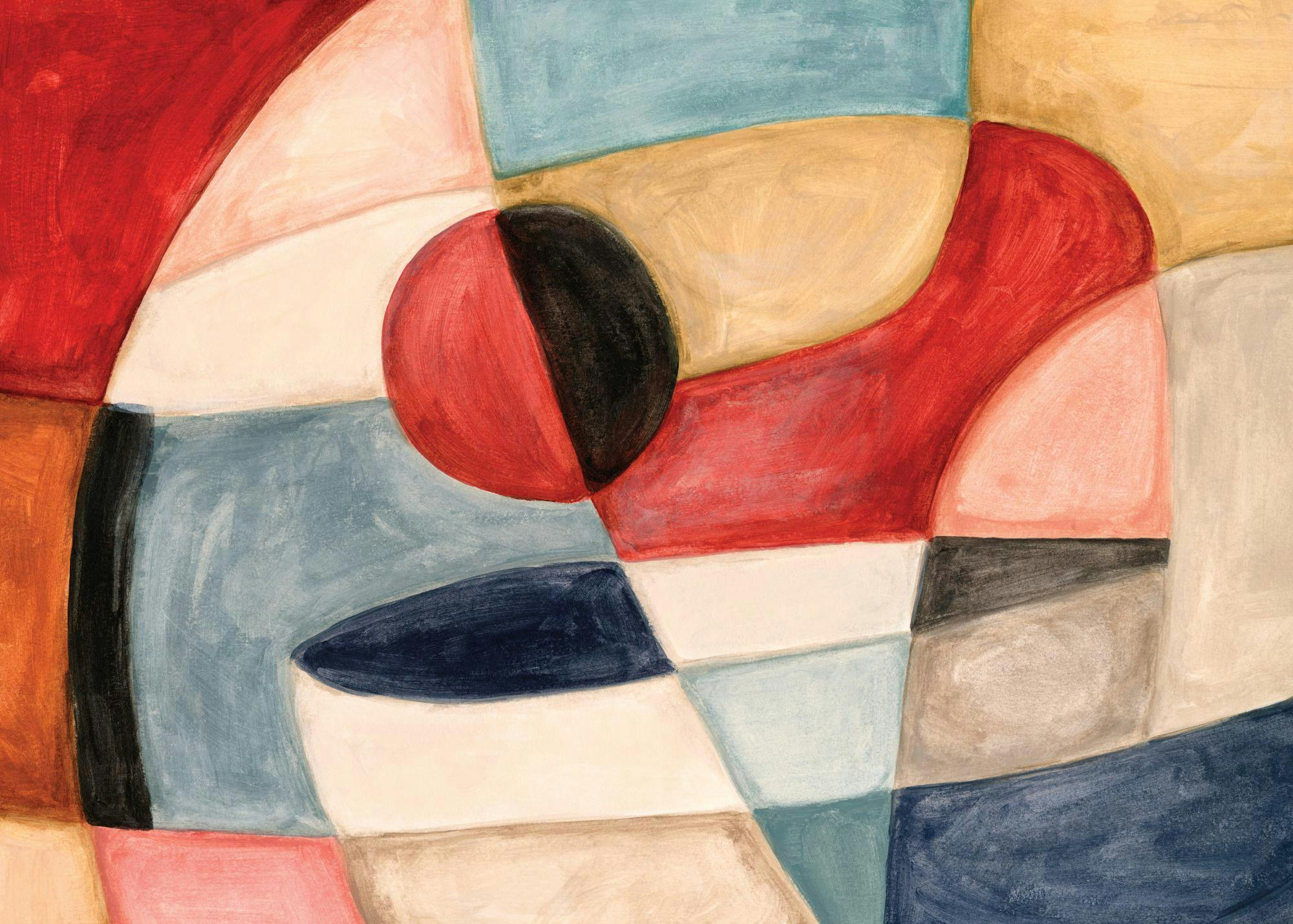 Cubism-inspired abstract print with red, blue, and black shapes for a unique poster.