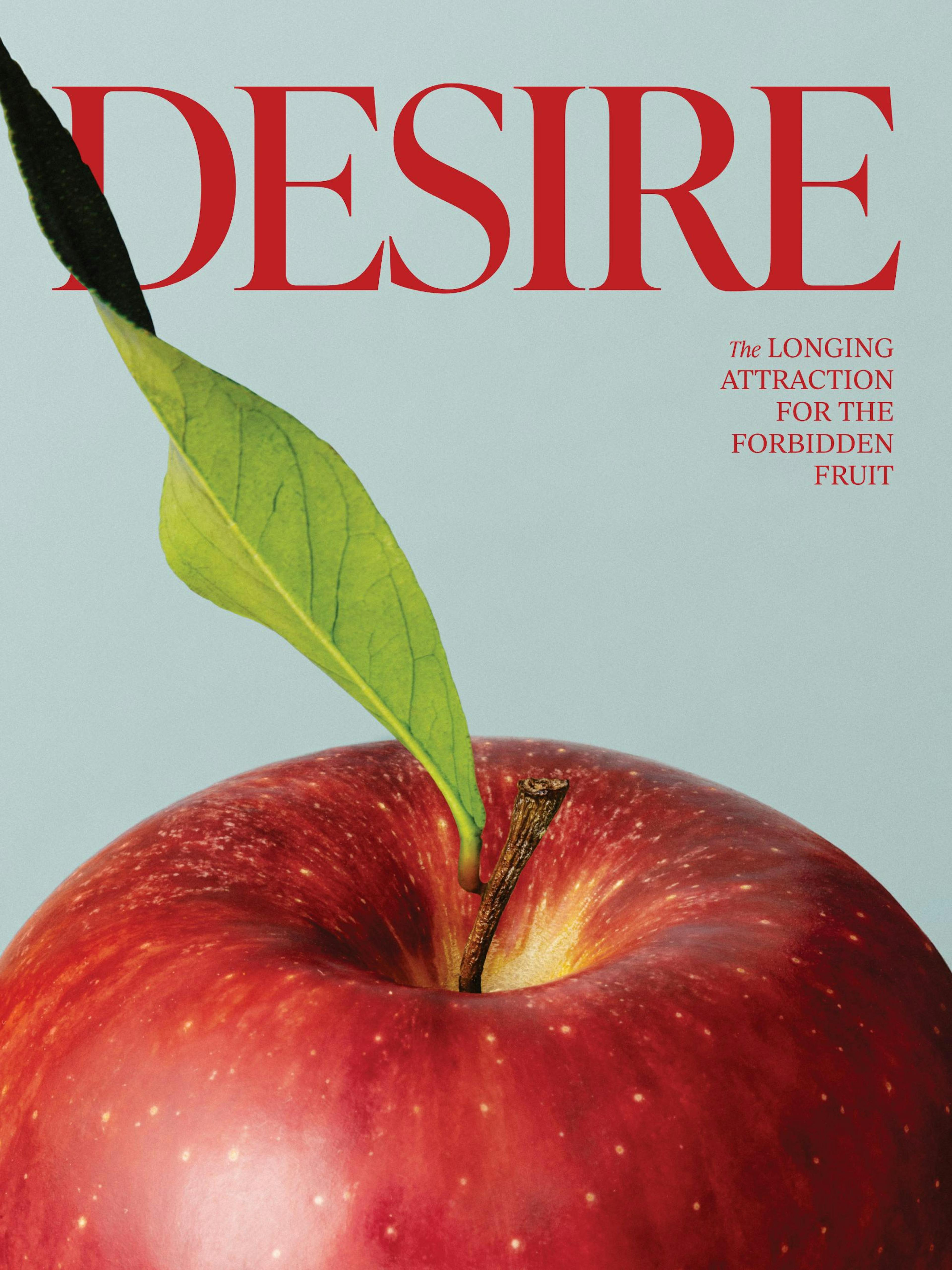 Rotes Apfelposter mit grünem Blatt und Typografie DESIRE, THE LONGING ATTRACTION FOR THE FORBIDDEN FRUIT für Adam & Eva Thema.