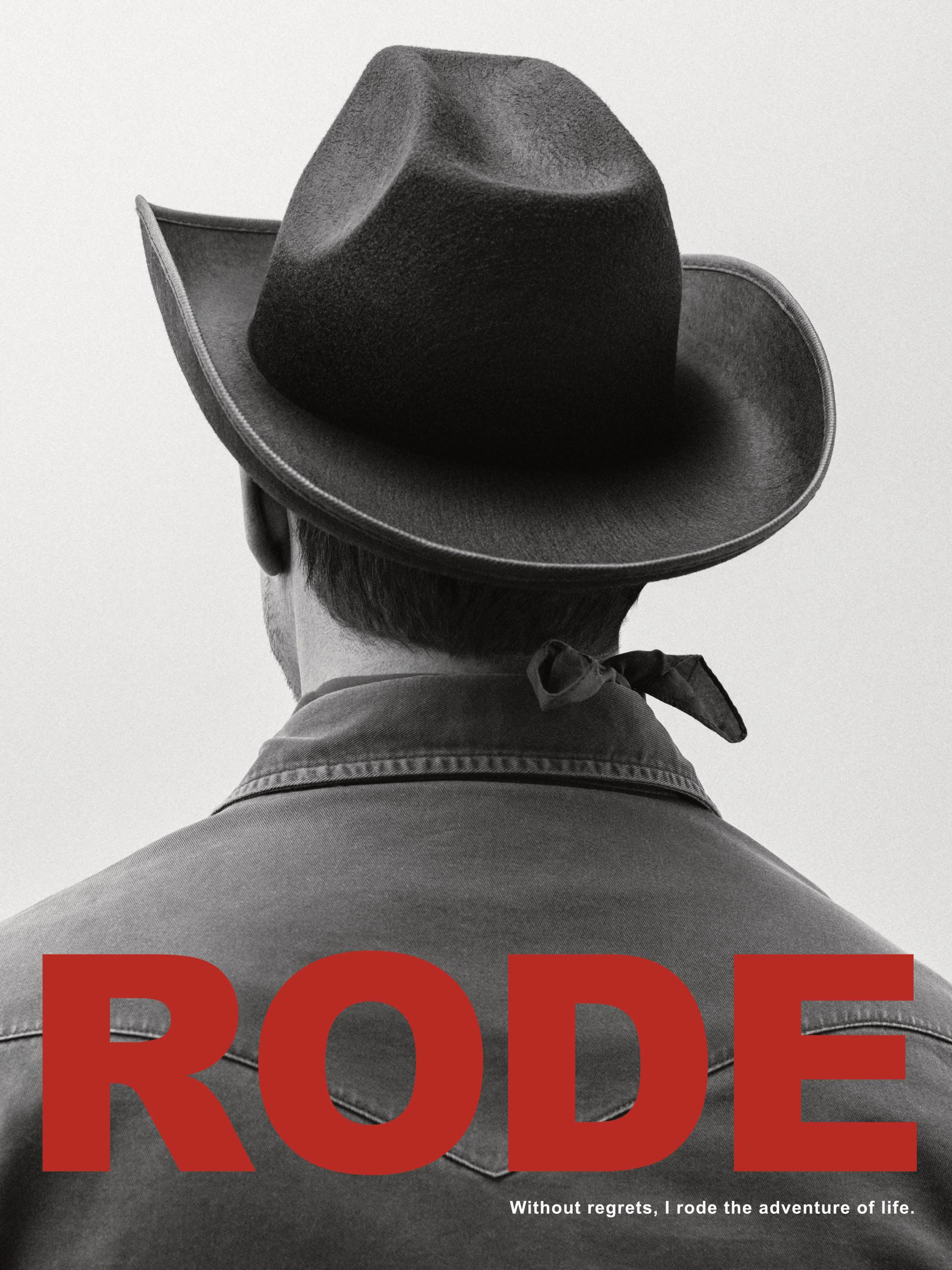Póster de vaquero monocromático con sombrero de ala ancha y pañuelo, con texto rojo RODE, estilo película del oeste.