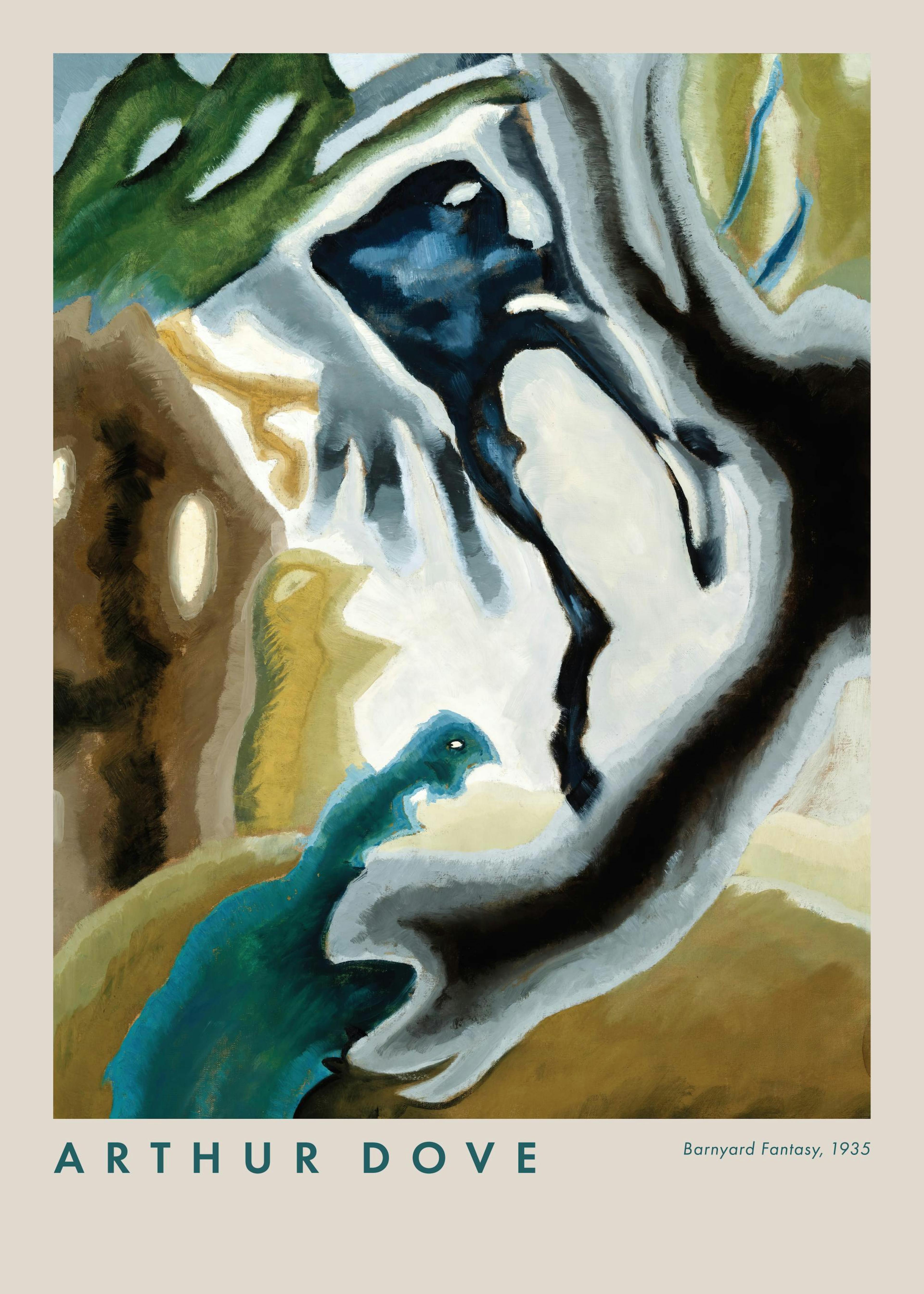 Abstrakt kunst av Arthur Dove med svulmende former i jordfarger, blått og grønt, og flytende, organiske linjer.