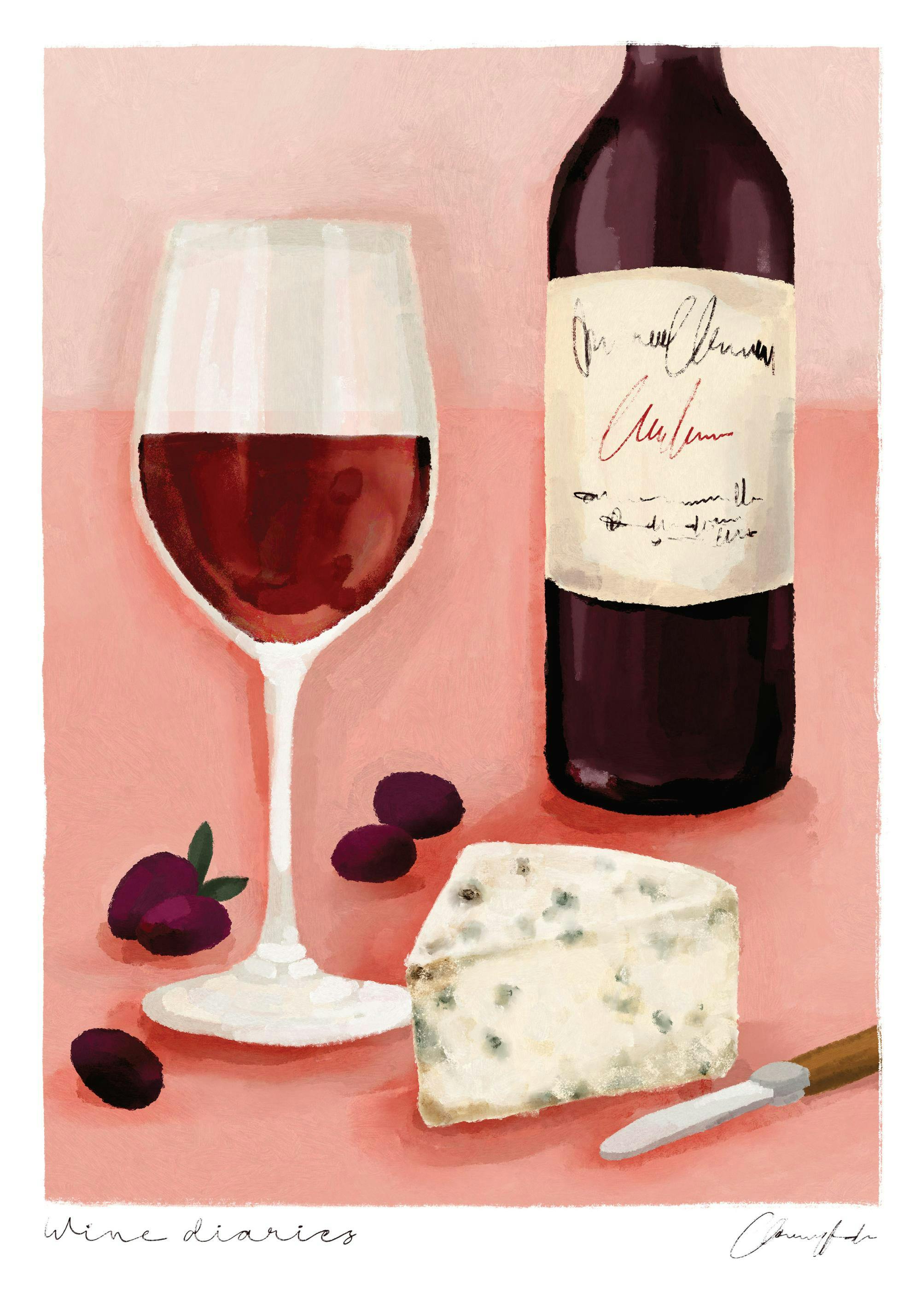 Akvarellmålning av ett vinglas, en flaska rödvin och en bit mögelost med vindruvor på en rosa bakgrund. Perfekt för köket.