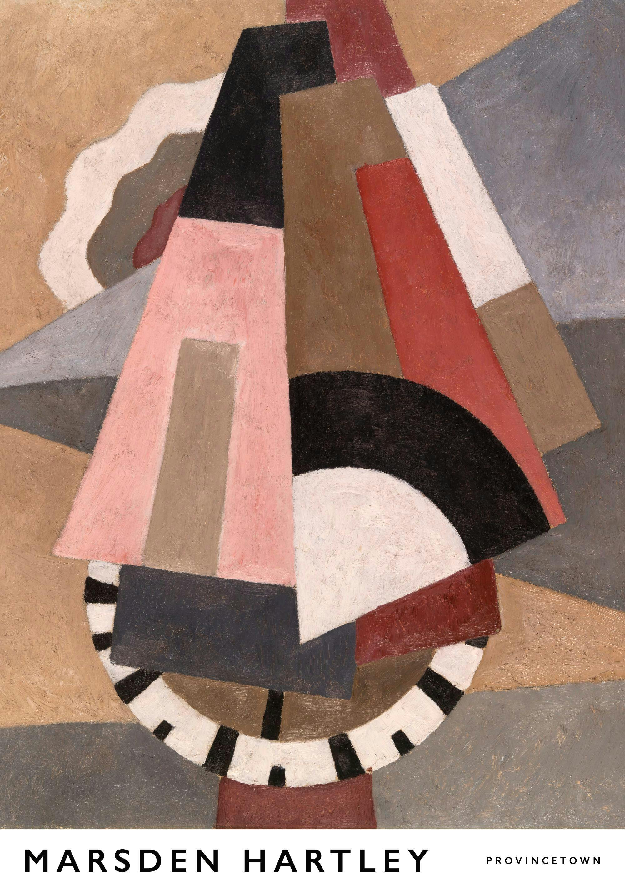 Kubistisk konst av Marsden Hartley med geometriska former i rosa, svart, brunt, rött och grått. Modernistisk poster.