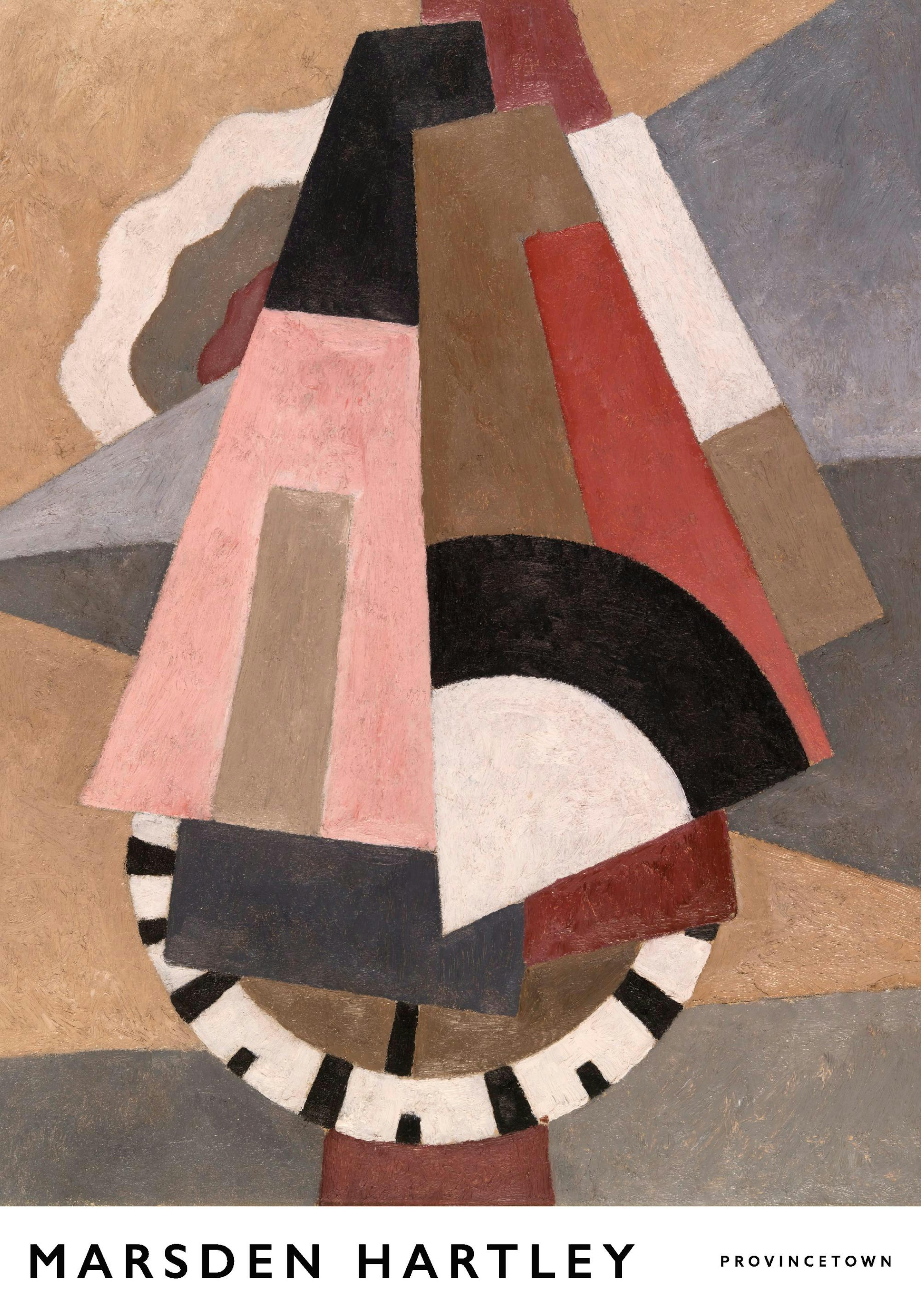 Affiche cubiste de Marsden Hartley, formes géométriques abstraites en teintes terreuses, roses et noires.