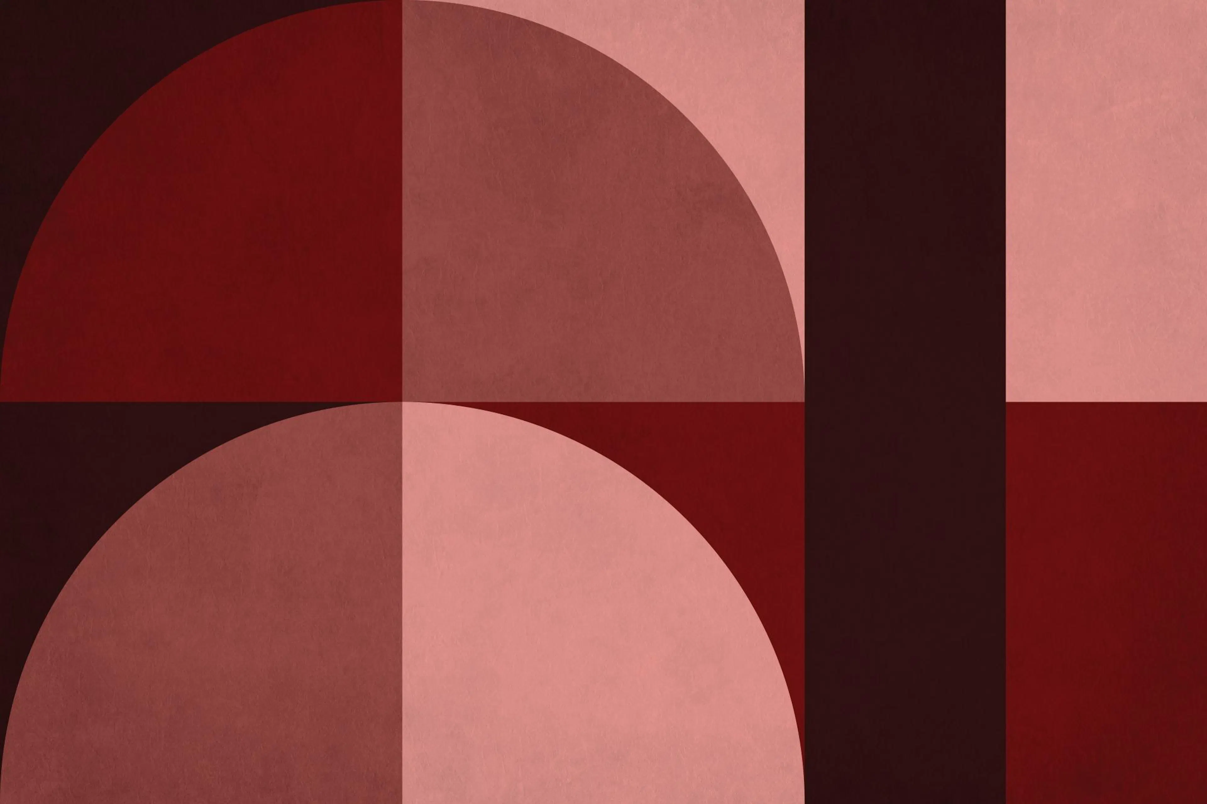 Geometrický plakát v odstínech červené s texturovanými oblouky a obdélníky v abstraktním moderním designu.