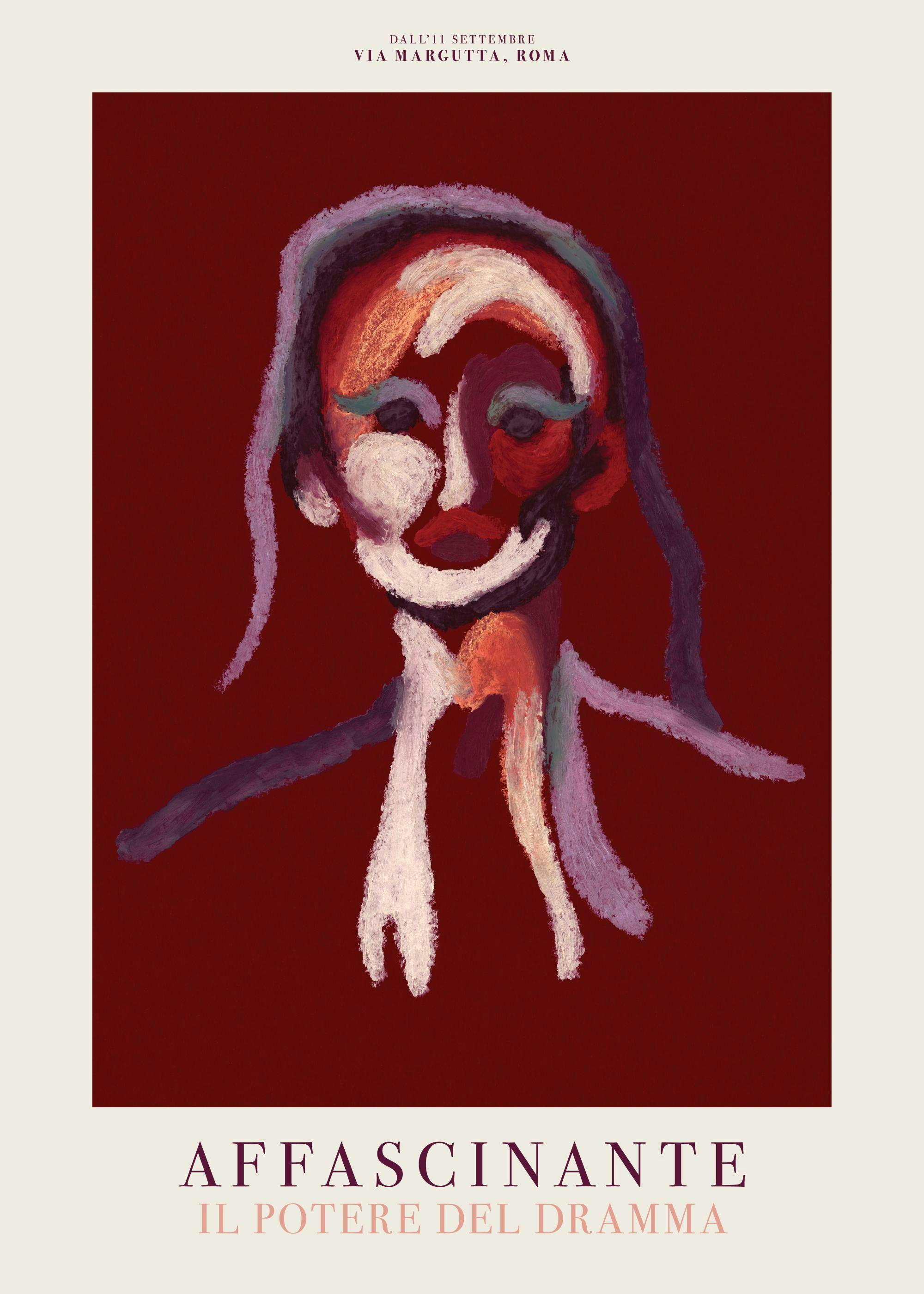 Abstract portrait print in red, purple, and white tones, perfect as a vibrant poster.