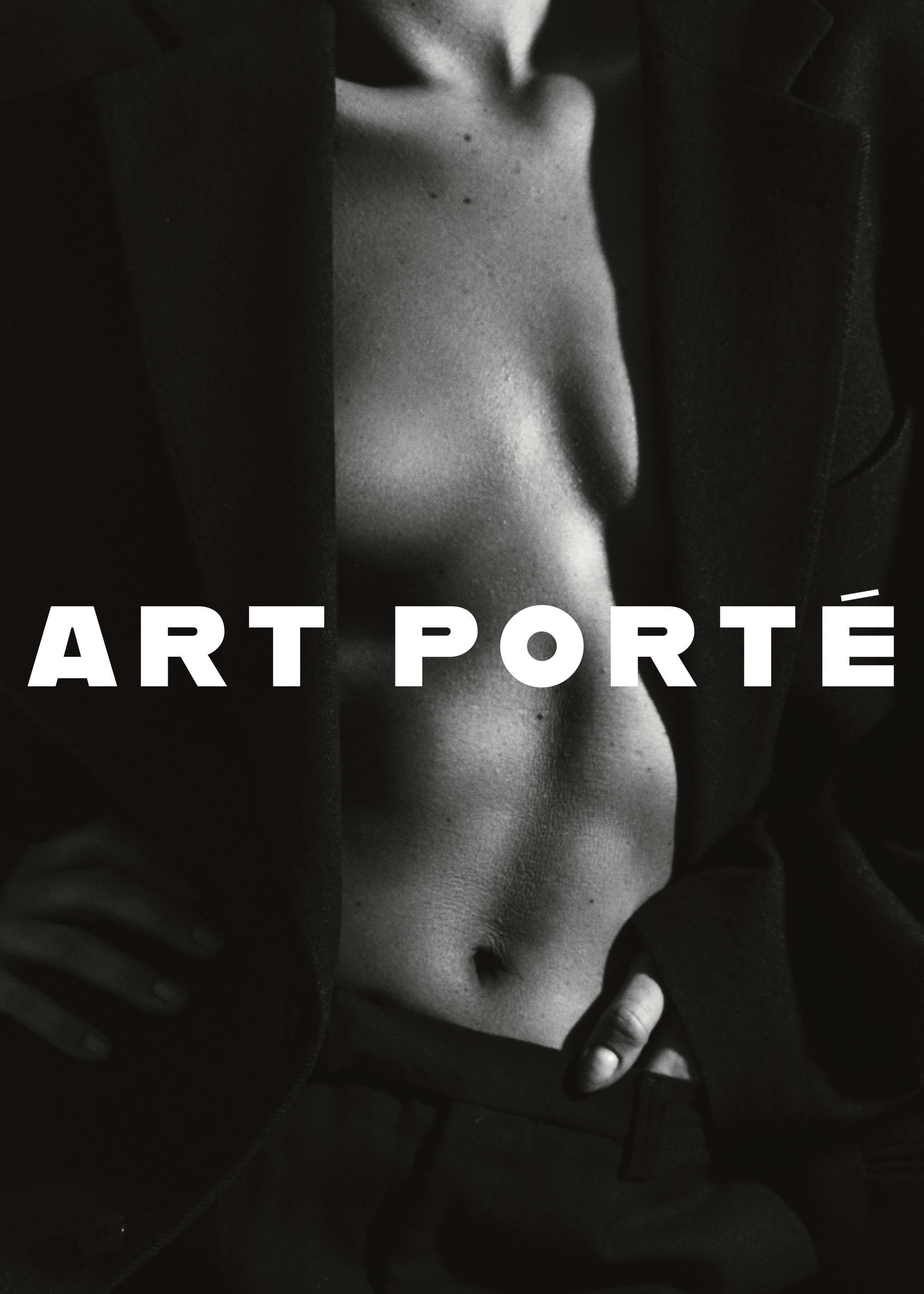Fashionable black and white photo print with a person wearing an open blazer and the text ART PORTÉ, grainy effect.