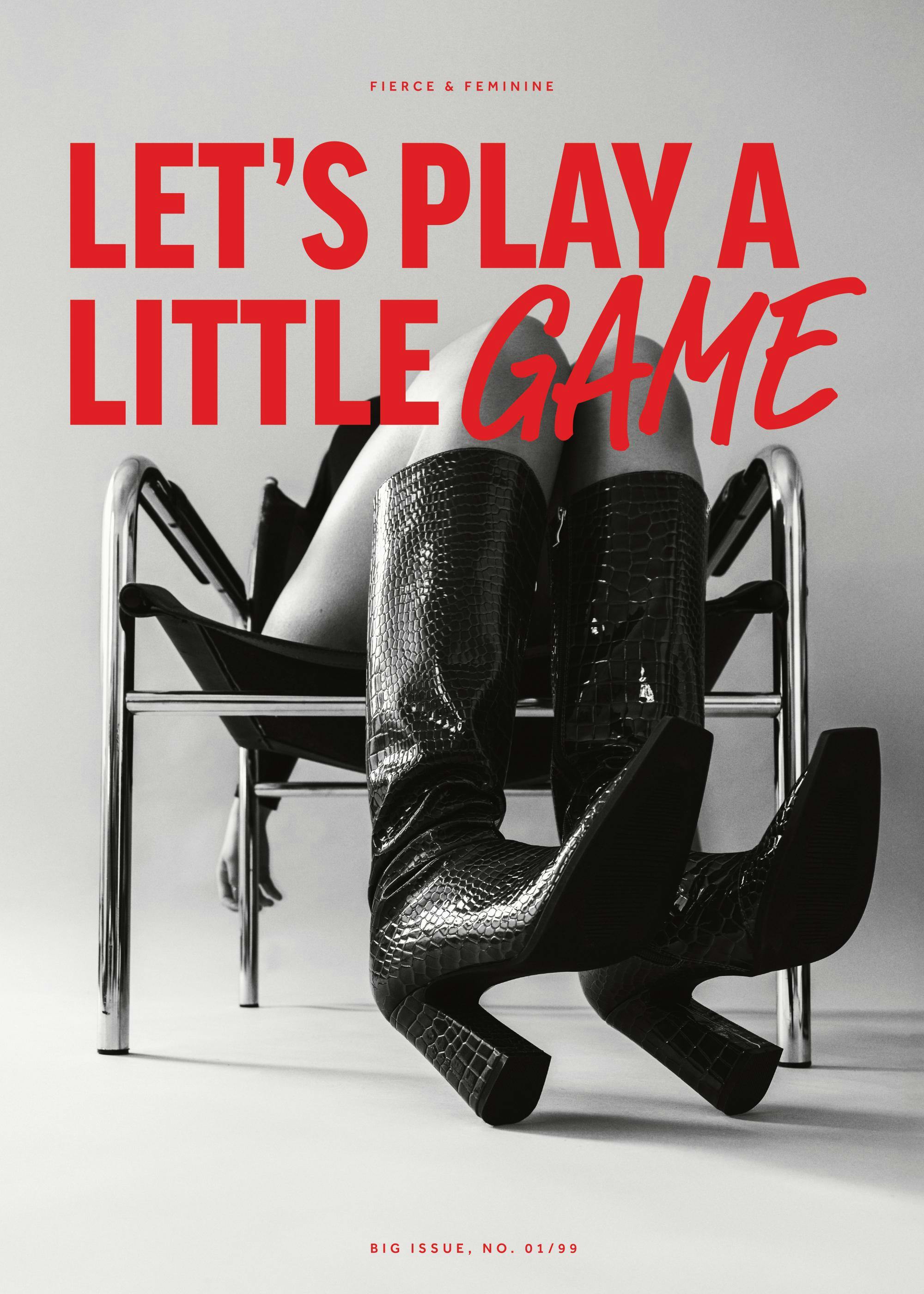 Fashion print with Lets Play a Little Game text, featuring legs in black crocodile-embossed boots on a chair.