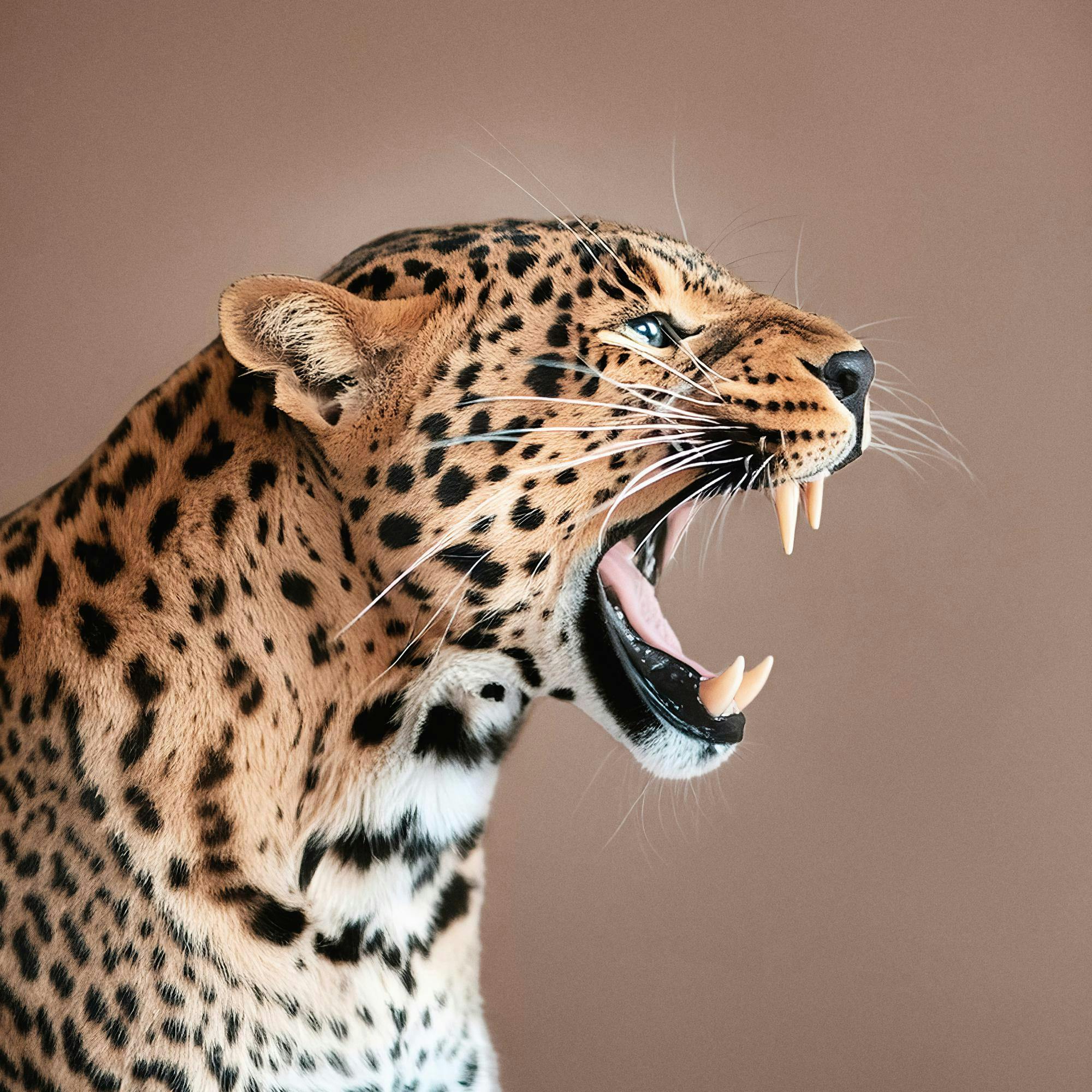 Fotoposter med en leopard som vrålar, med öppen mun och vassa tänder mot brun bakgrund. Leopardkonst, vilda djur.