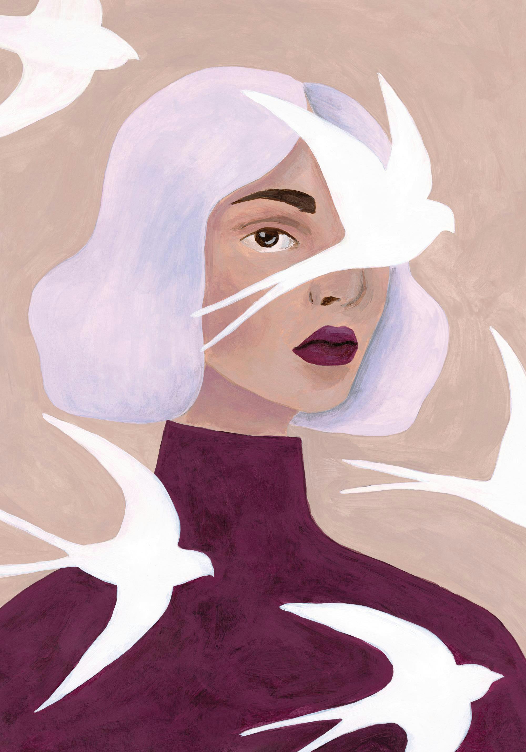 Poster: donna dai capelli lilla circondata da rondini bianche, stile pittura a mano.