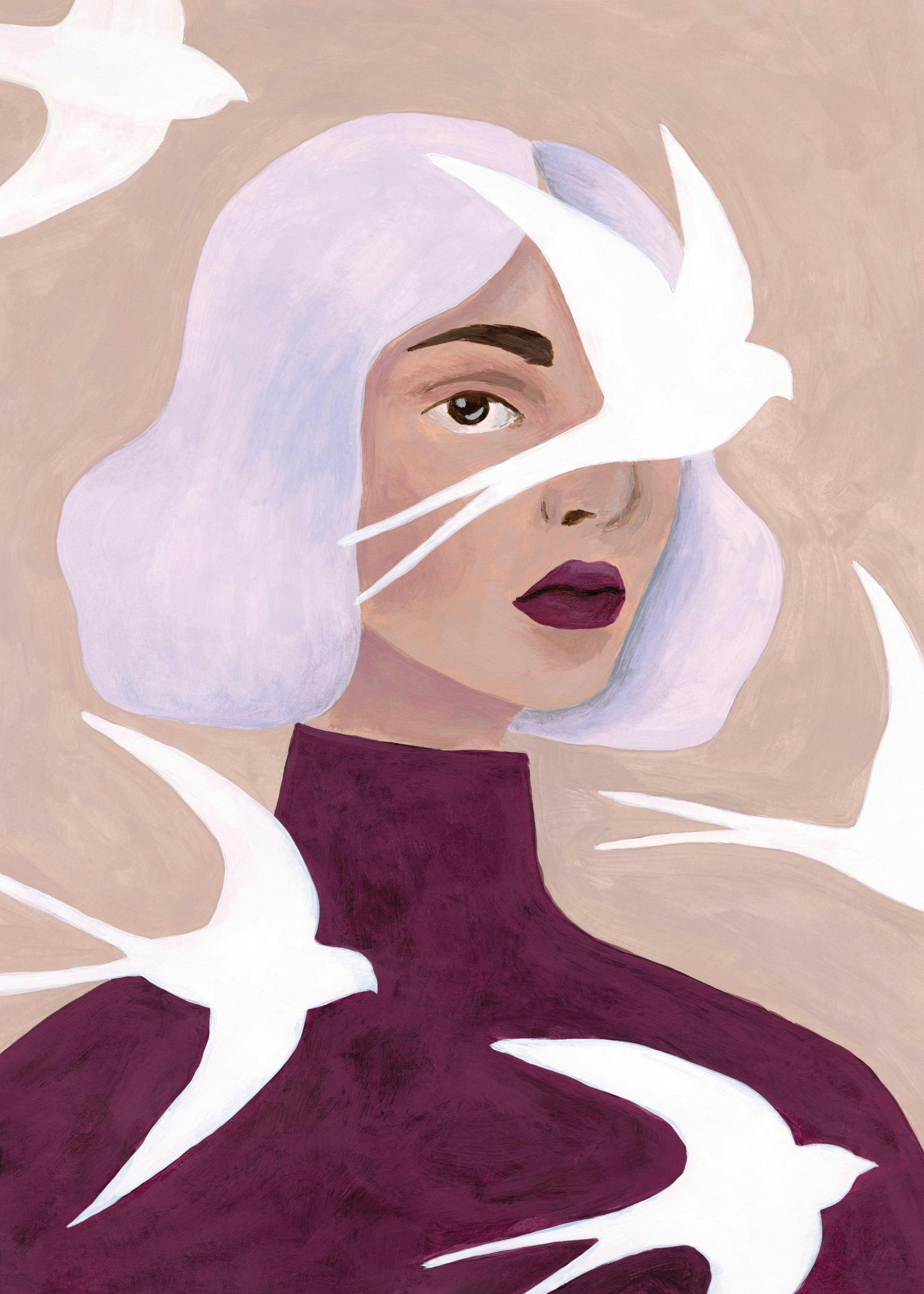 Fly on By poster print with a woman and white bird silhouettes flying around her face and torso