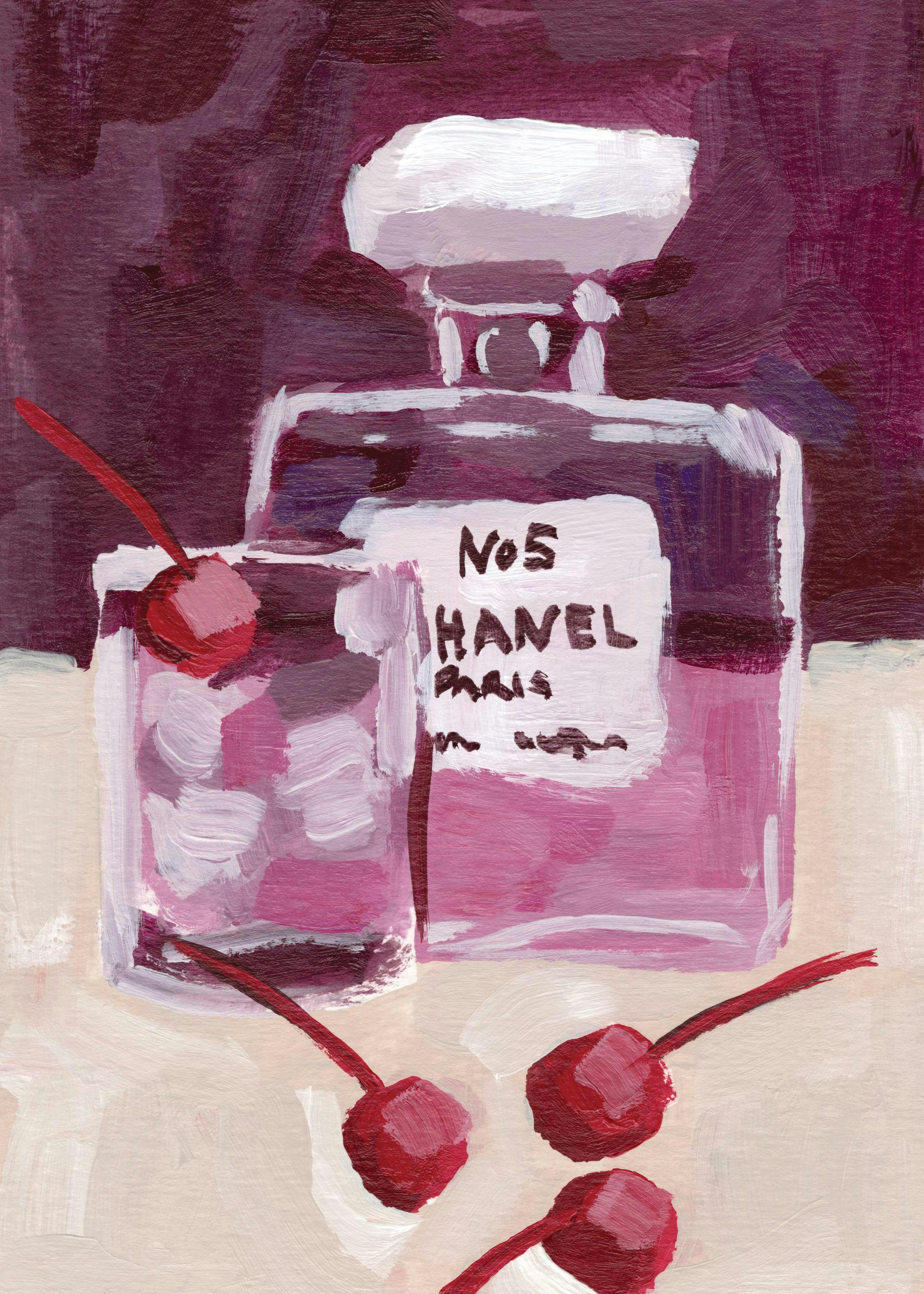 Acrylic painting print of a pink Chanel No. 5 bottle next to a glass with a cherry, and loose cherries below
