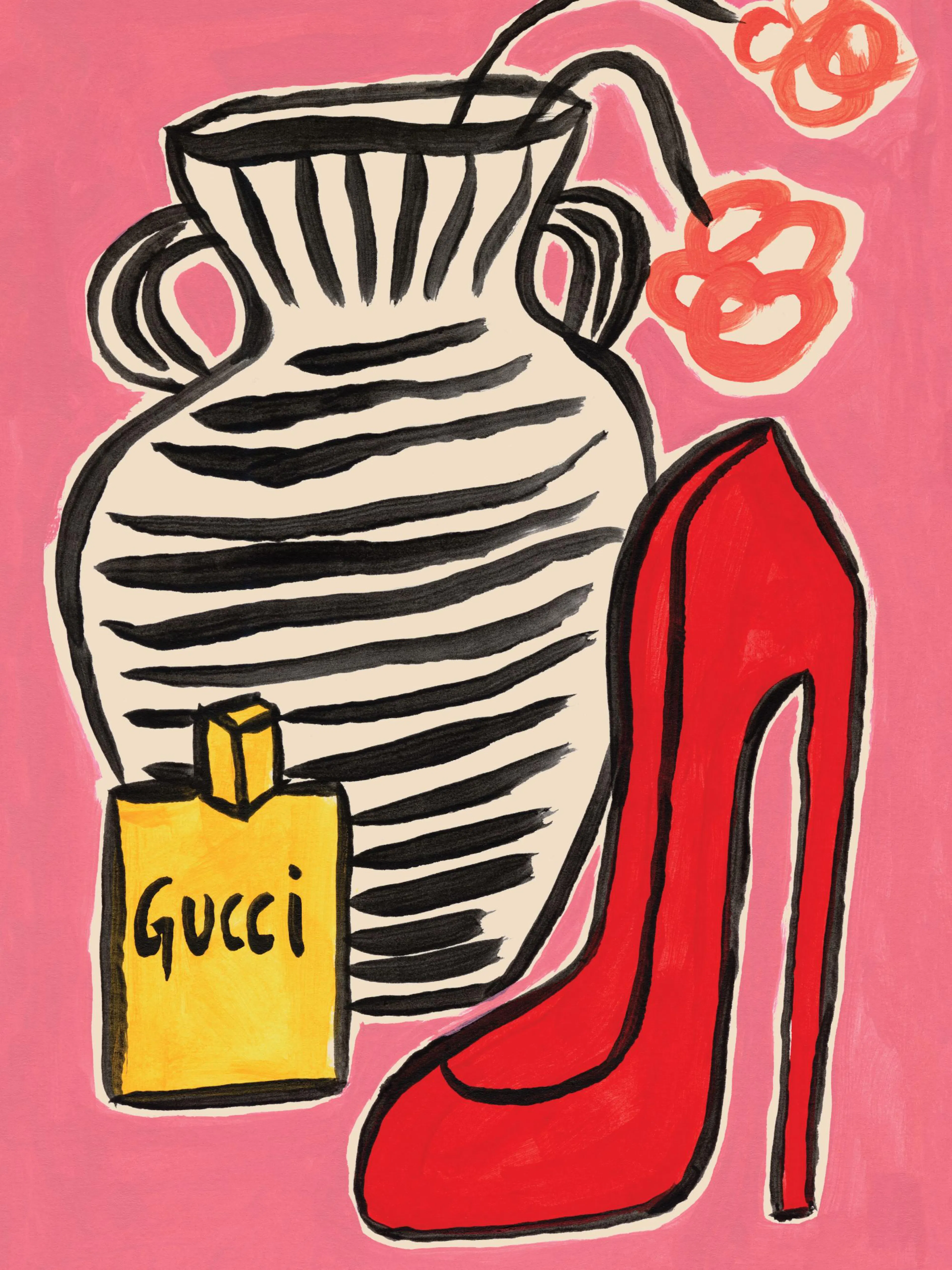 Fashion still life print with red heel, striped vase, and Gucci perfume bottle on pink. Vibrant poster art.