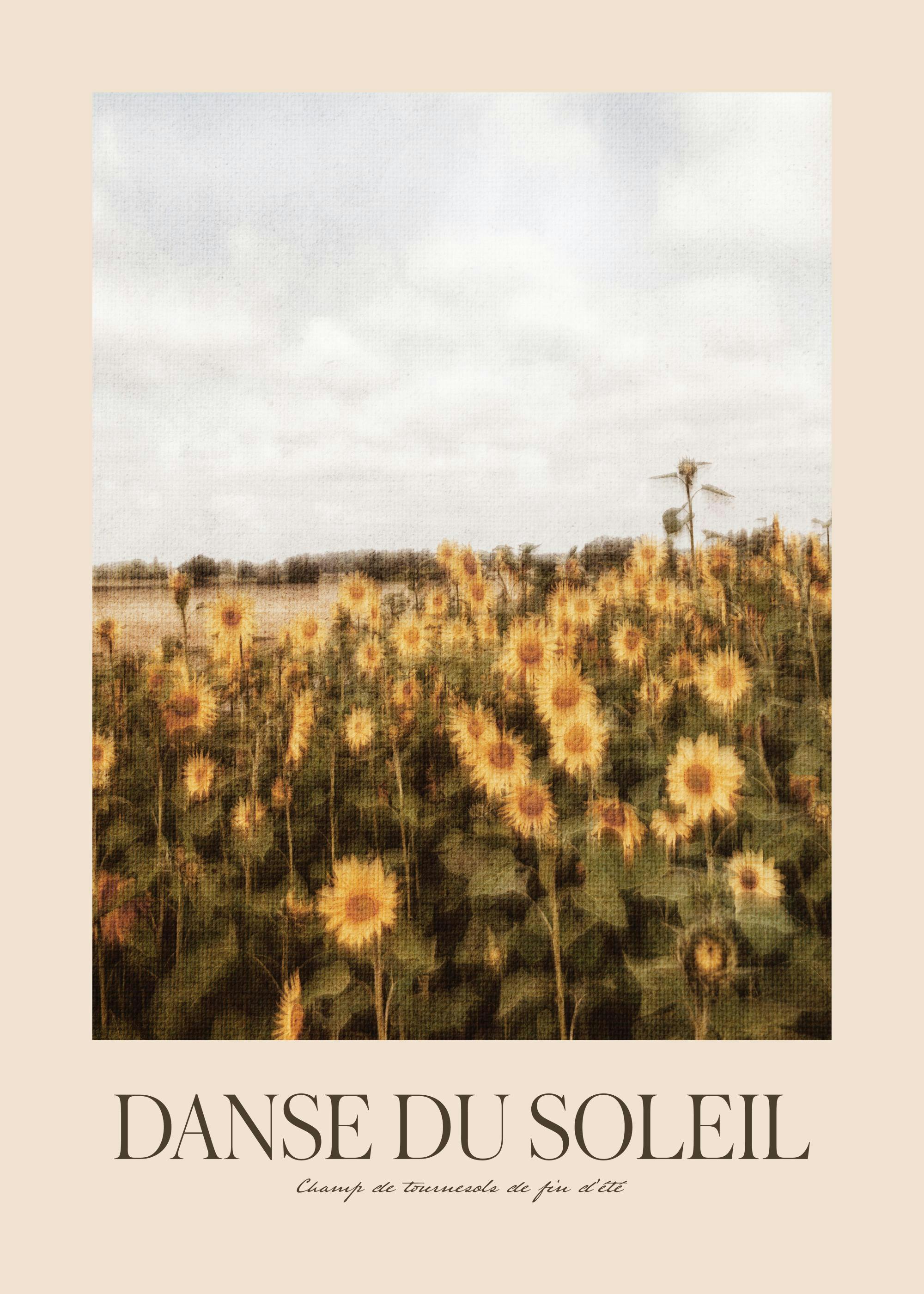 Sun Dance Print: Textured poster of a sunflower field under a cloudy sky with French text, capturing late summer beauty.
