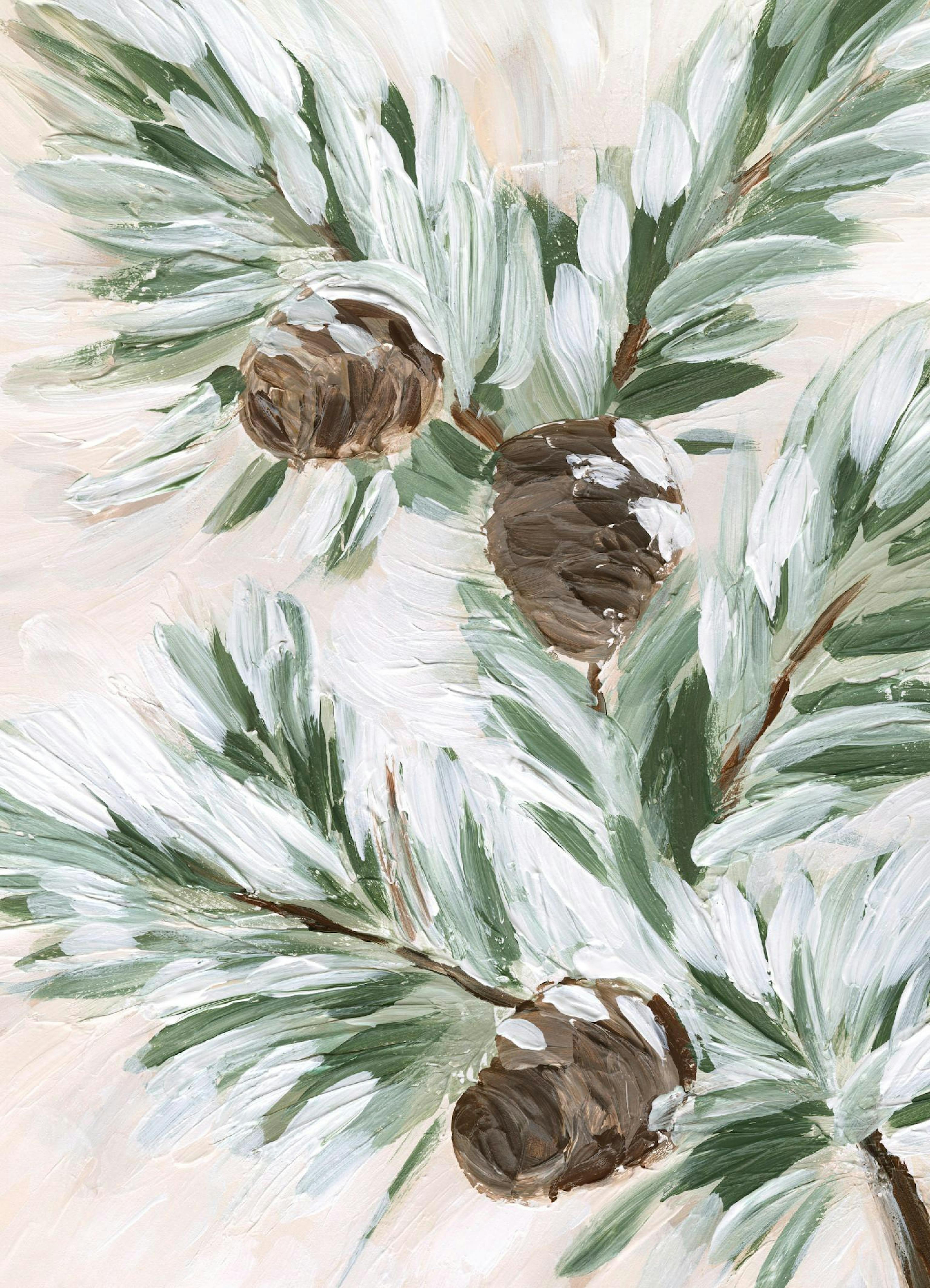 Affiche dun pin enneigé avec trois pommes de pin sur fond beige, coups de pinceau visibles