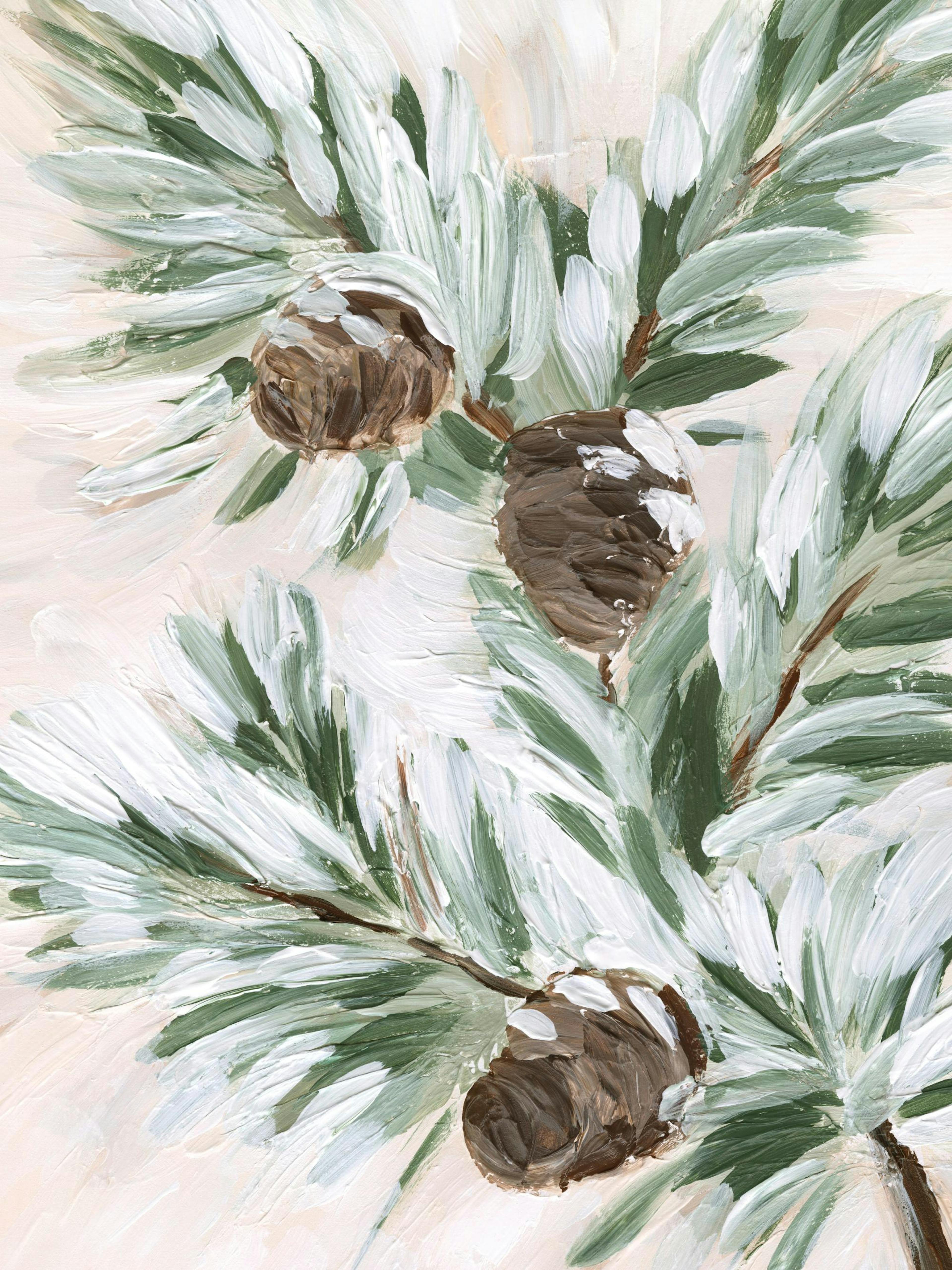 Affiche dun branchage dhiver avec trois pommes de pin enneigées et des aiguilles vertes sur fond beige, effet coups de pinceau.