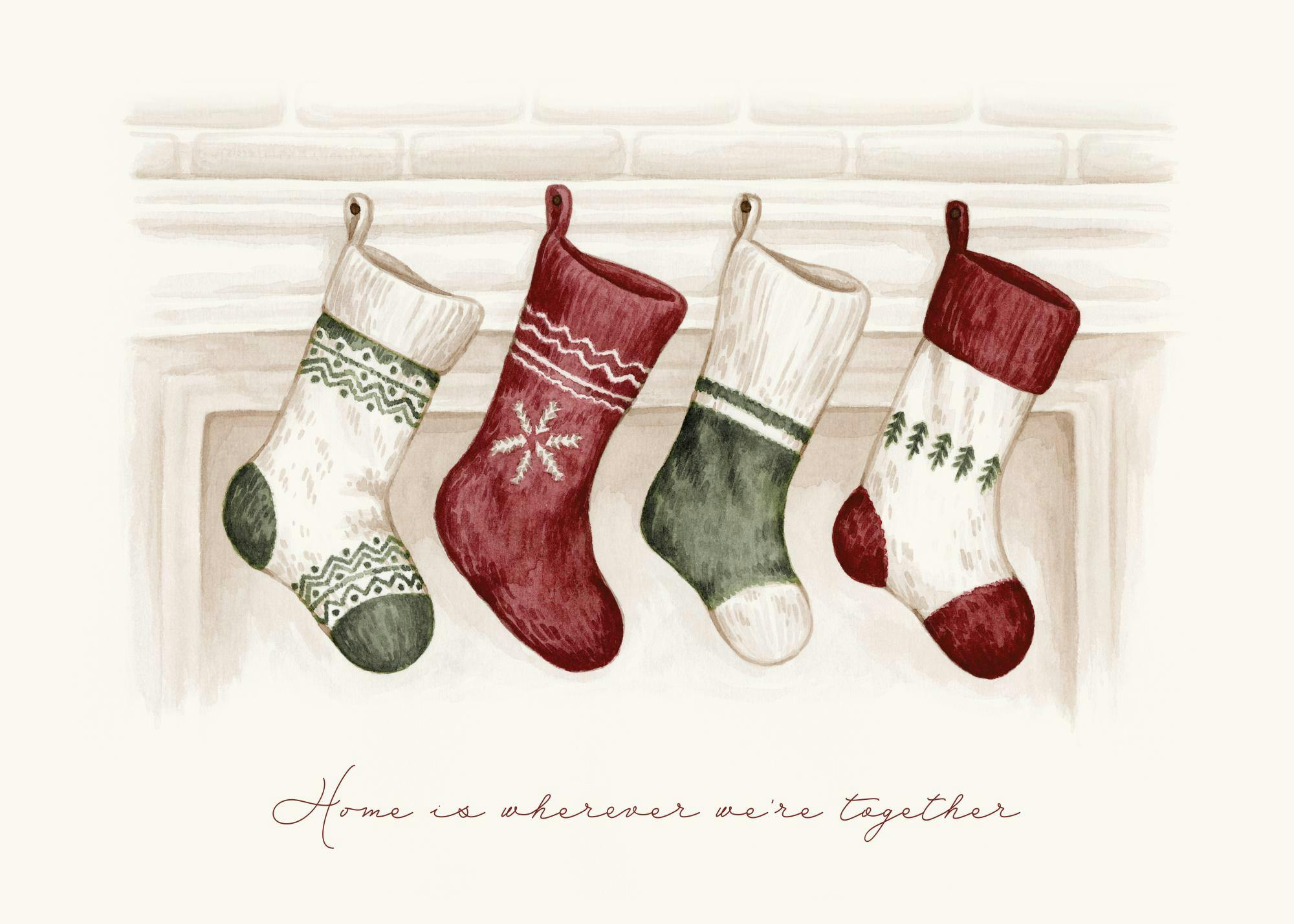 Póster navideño con cuatro calcetines colgando de una chimenea, en tonos crema, rojo y verde, con patrones festivos.