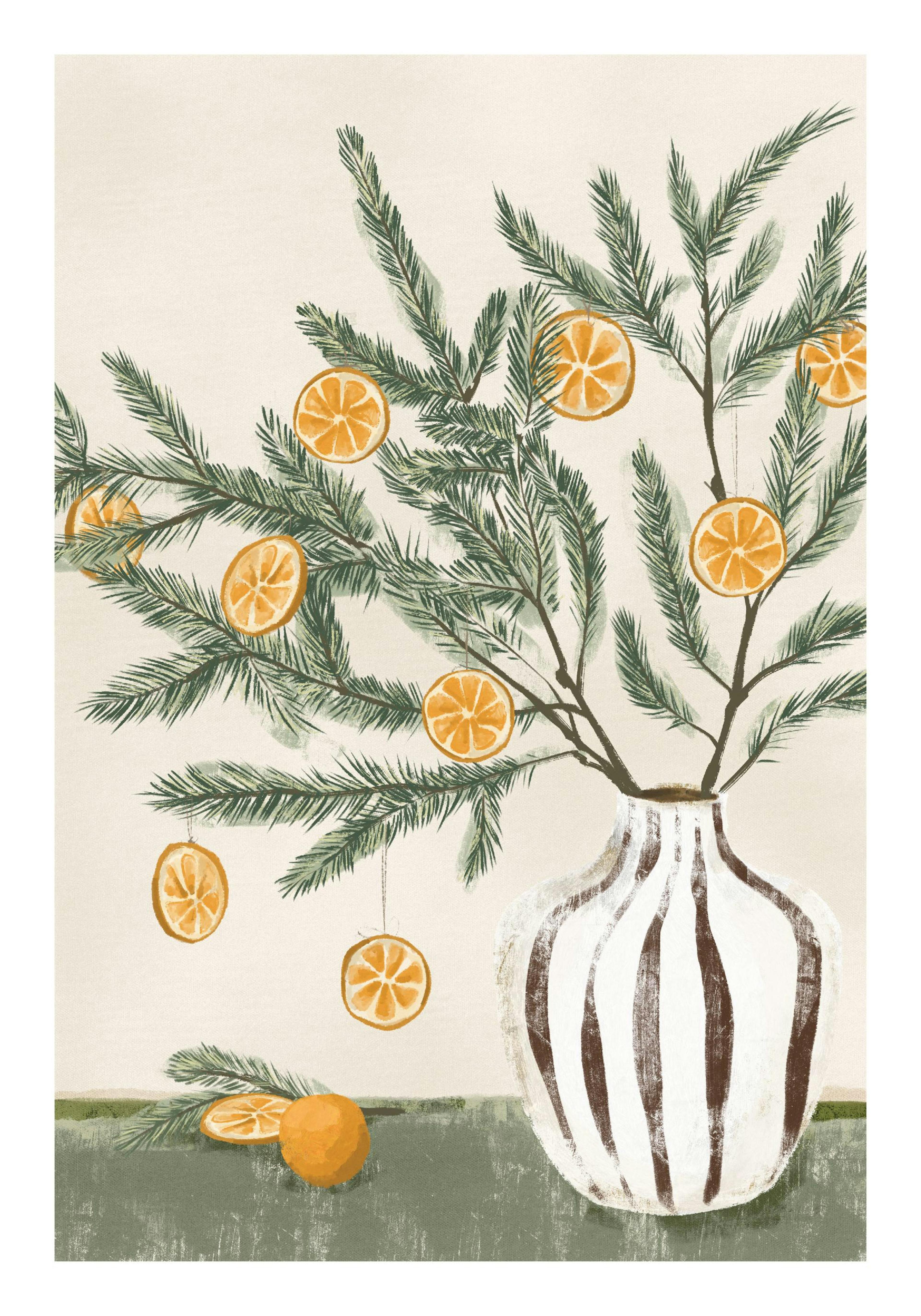 Festliches Poster mit weiß-braun gestreifter Vase, Tannenzweigen und hängenden Orangenscheiben. Eine ganze Orange liegt unten.