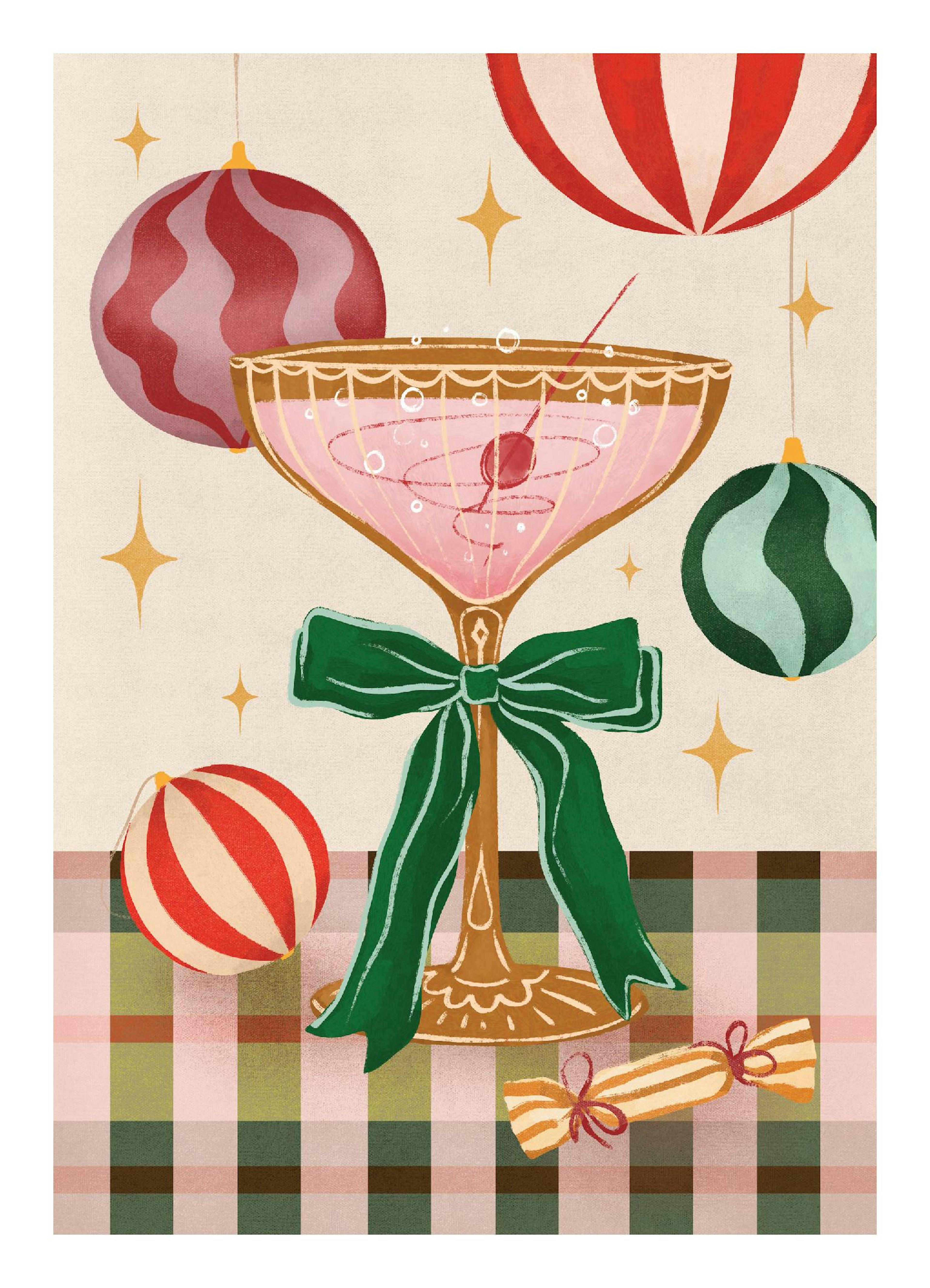 Et champagneglass med rosa boblende drikke, pyntet med en grønn sløyfe, julekuler og en rutete duk på en festlig plakat.