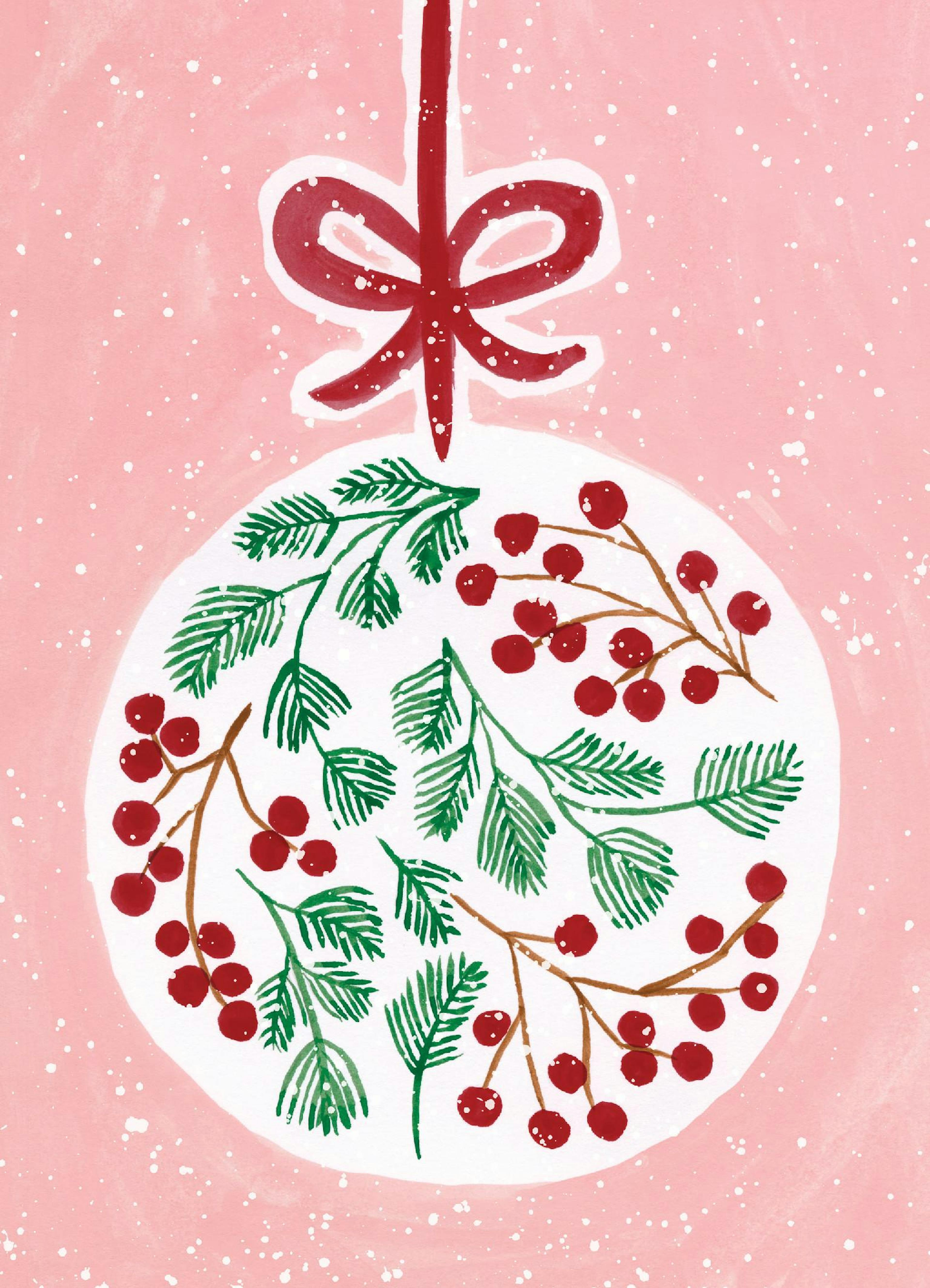 Festliches Weihnachtskranz-Poster mit roten Beeren, grünen Blättern und roter Schleife auf rosa Schneeflockenhintergrund.