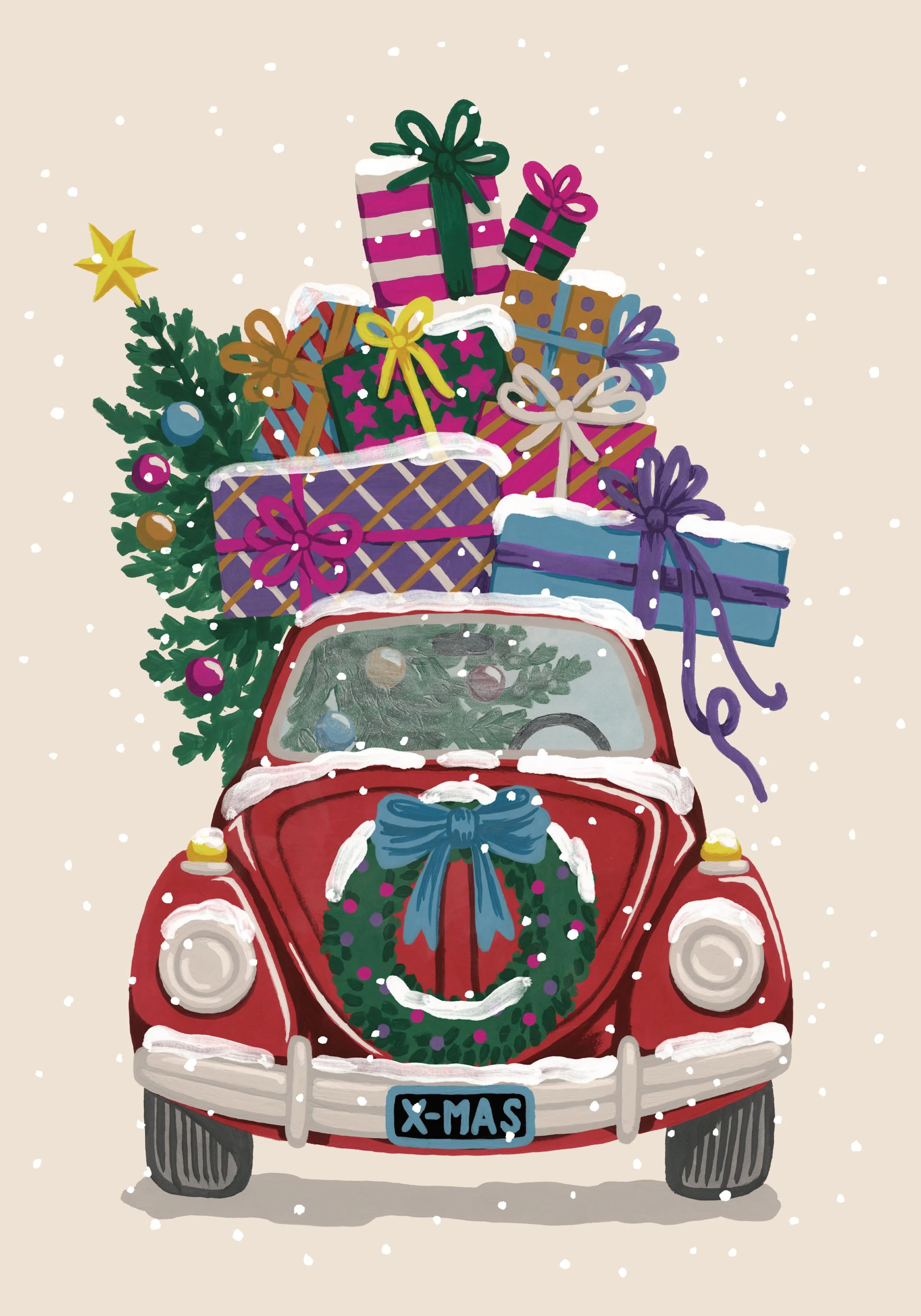 Festlig plakat med rød bil, juletre og gaver på snødekt tak. Julekrans og X-MAS nummerskilt. Håndmalt kunst.