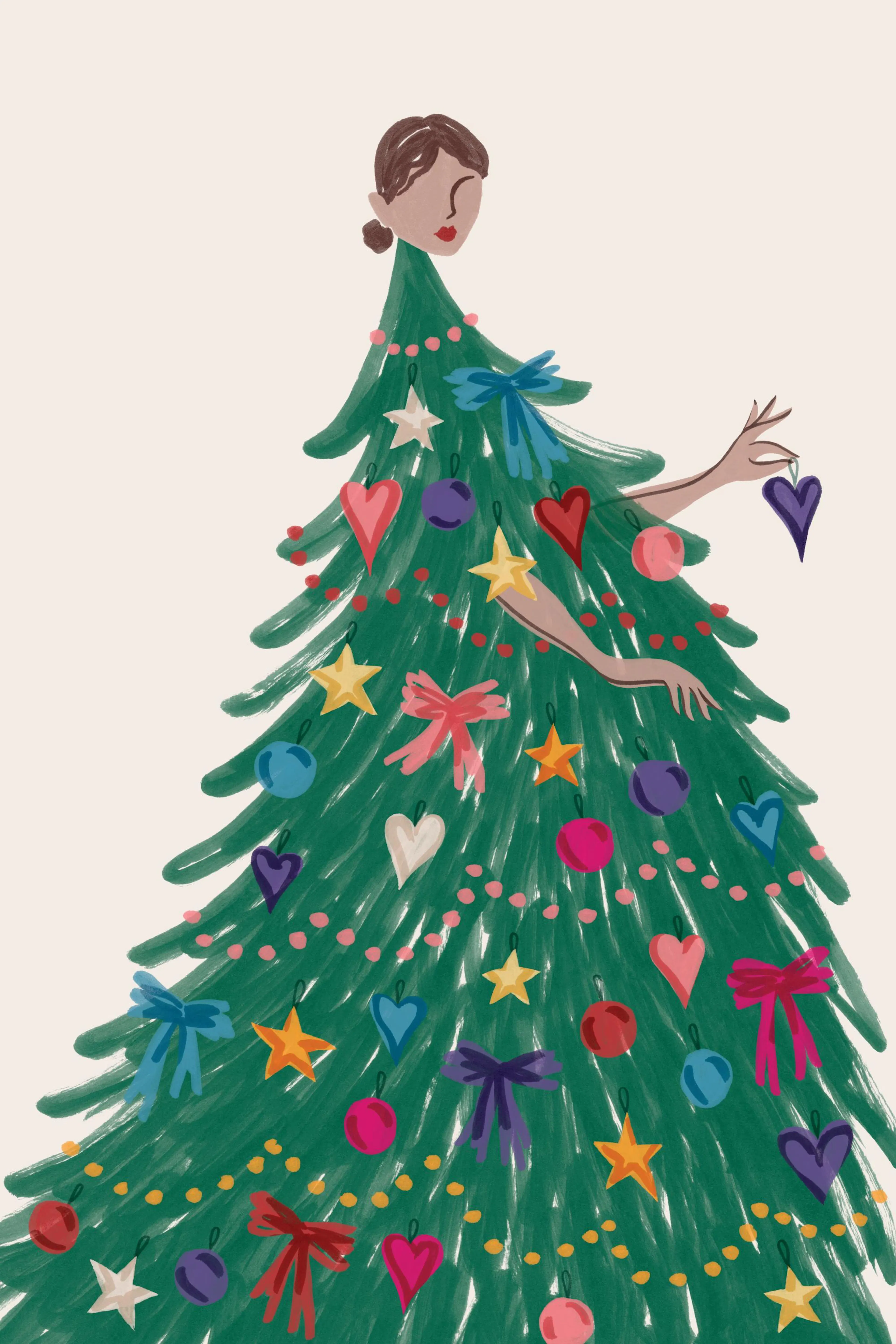 Lustiges Weihnachtsposter: Ein Weihnachtsbaum mit Frauenkopf, der bunte Kugeln und Herzen dekoriert. Festliche Dekoration für Zu