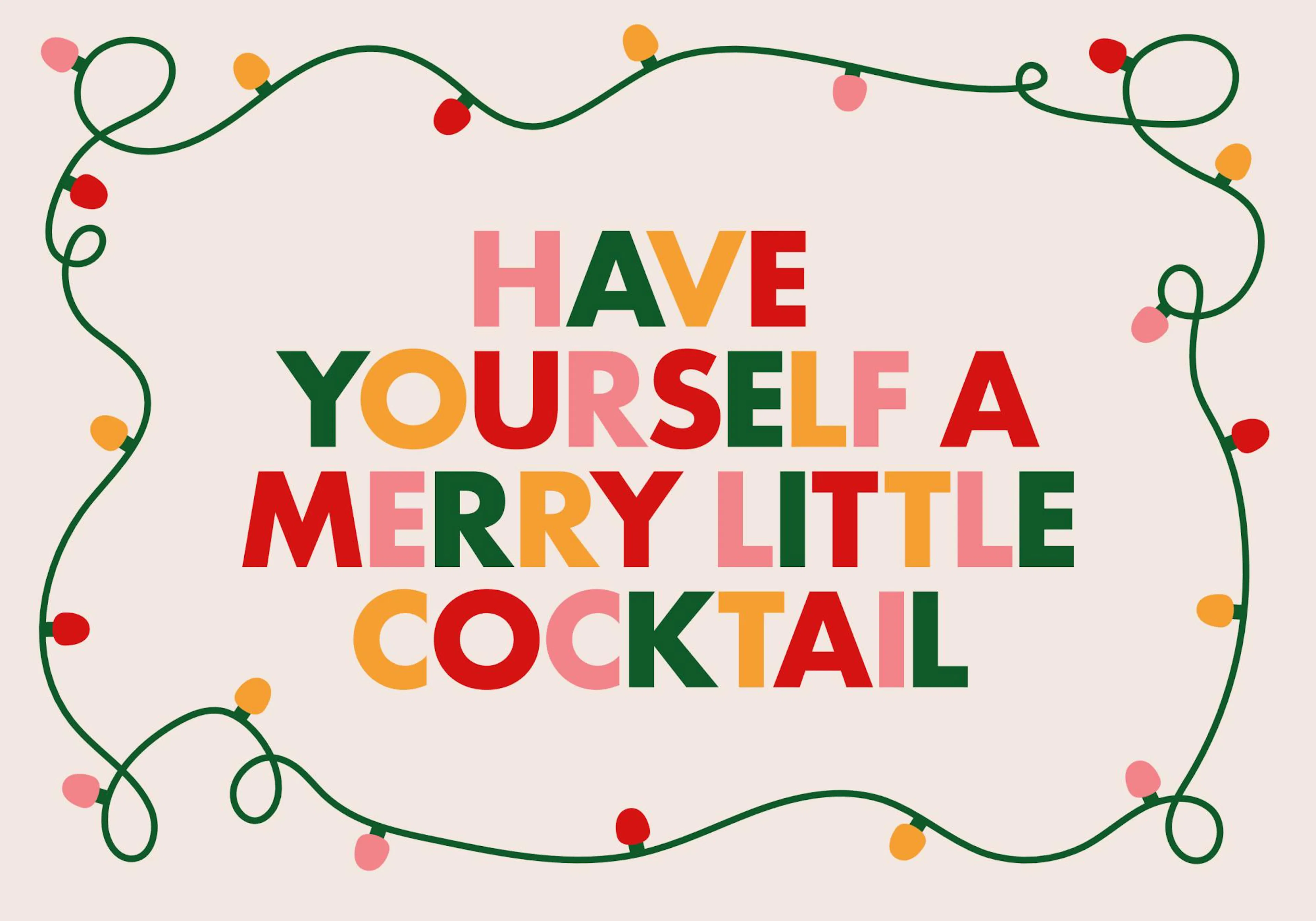 Merry Little Cocktail print with colorful text and Christmas lights border, festive poster design