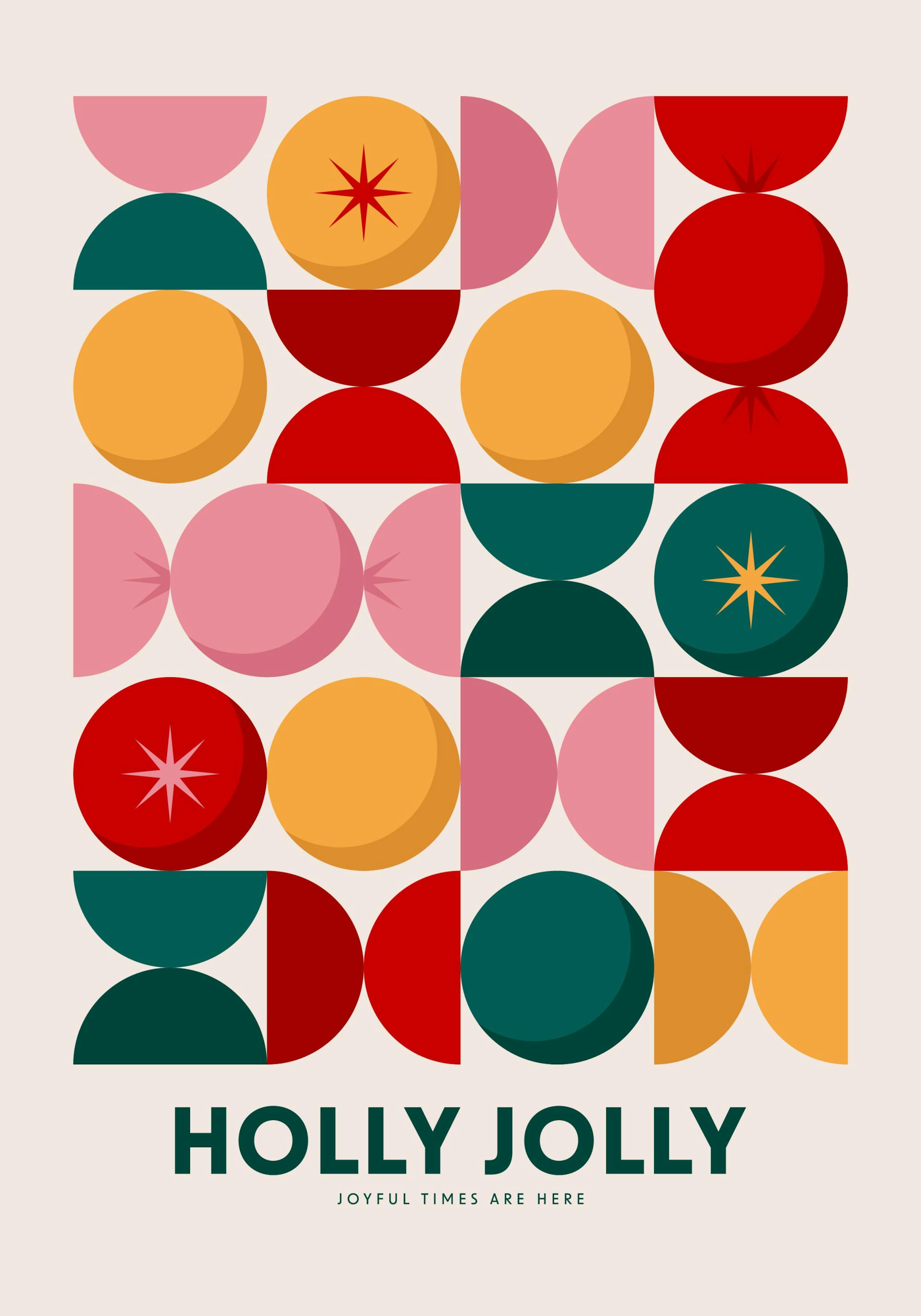 Festlig poster med färgglada geometriska former och texten HOLLY JOLLY. Perfekt juldekoration.