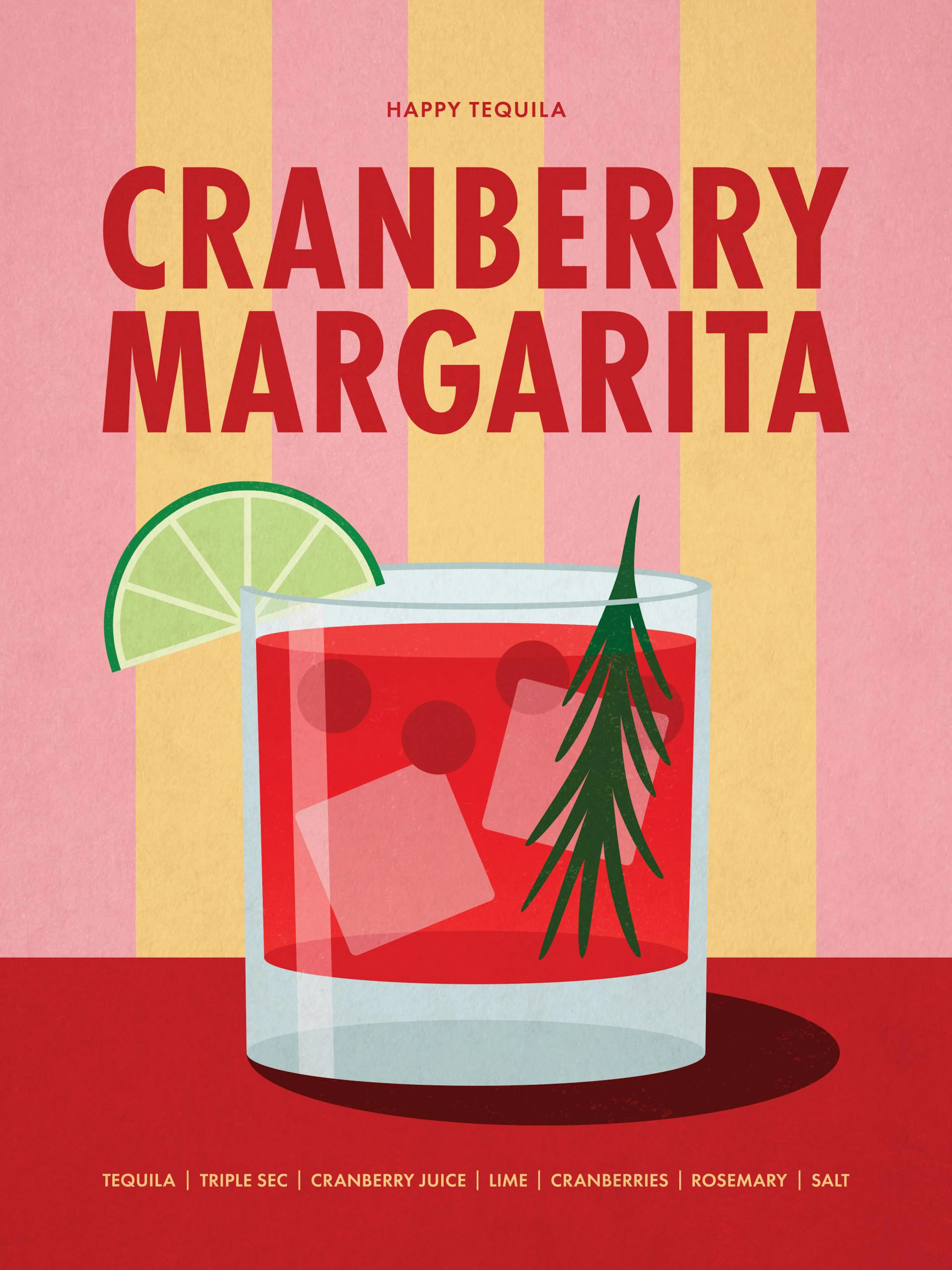 Póster de Margarita de Arándano con fondo de rayas rosas y amarillas, ideal para decoración de cocina o bar.