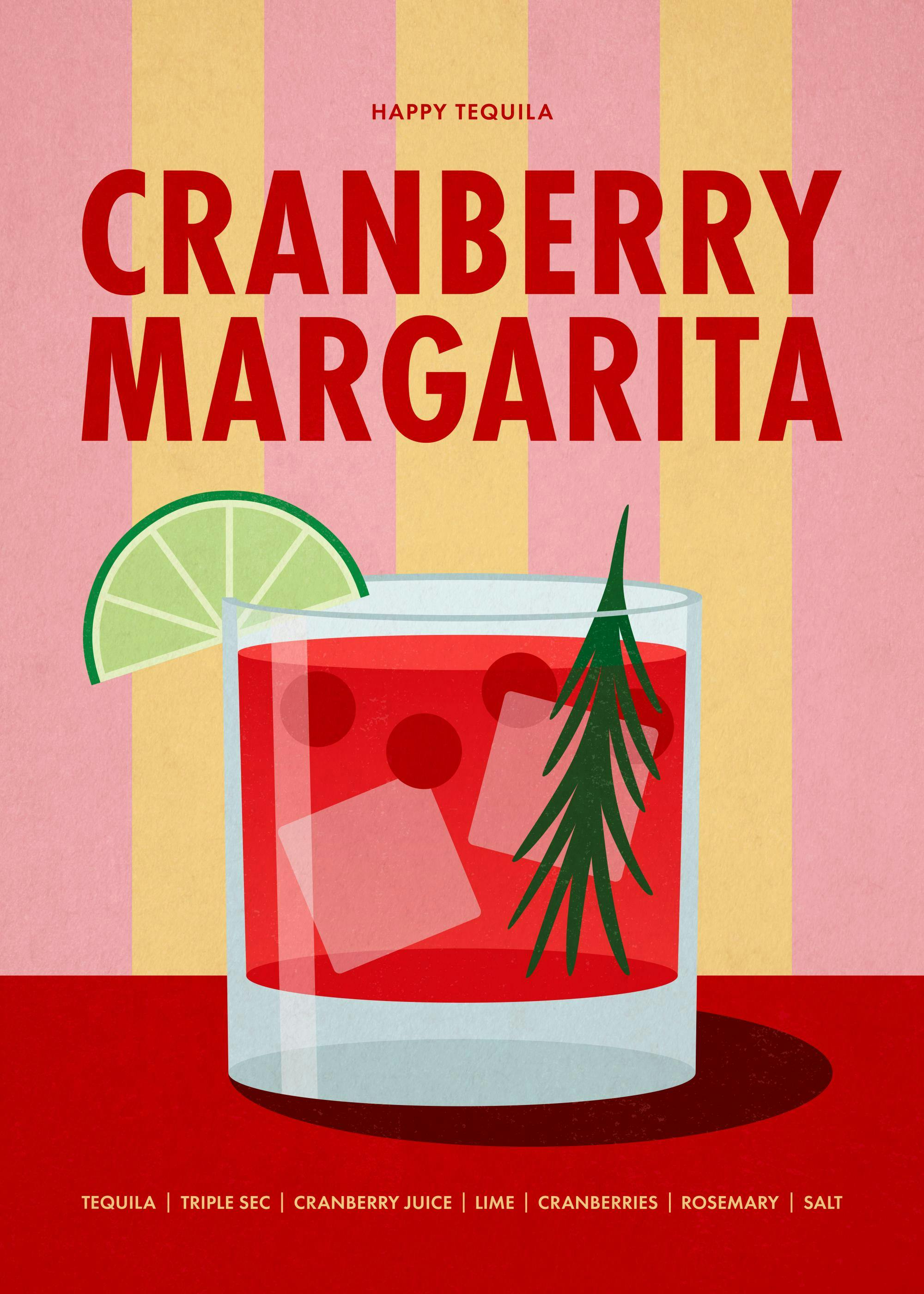 Cranberry Margarita cocktail poster with red and yellow stripes, lime, and rosemary for kitchen or bar decor.