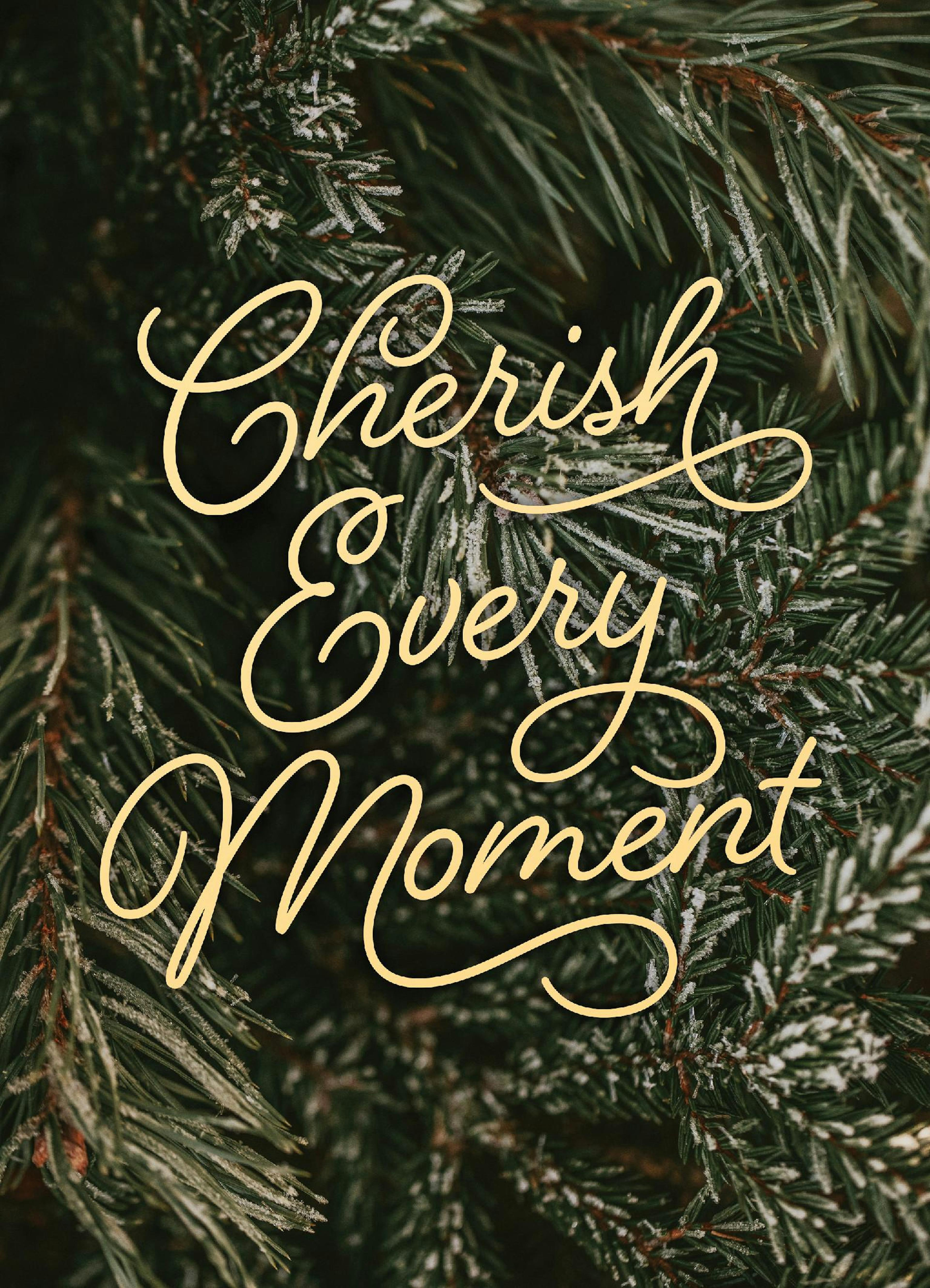 Poster mit schneebedeckten Tannenzweigen und goldenem Schriftzug Cherish Every Moment“ für festliche Wanddeko.