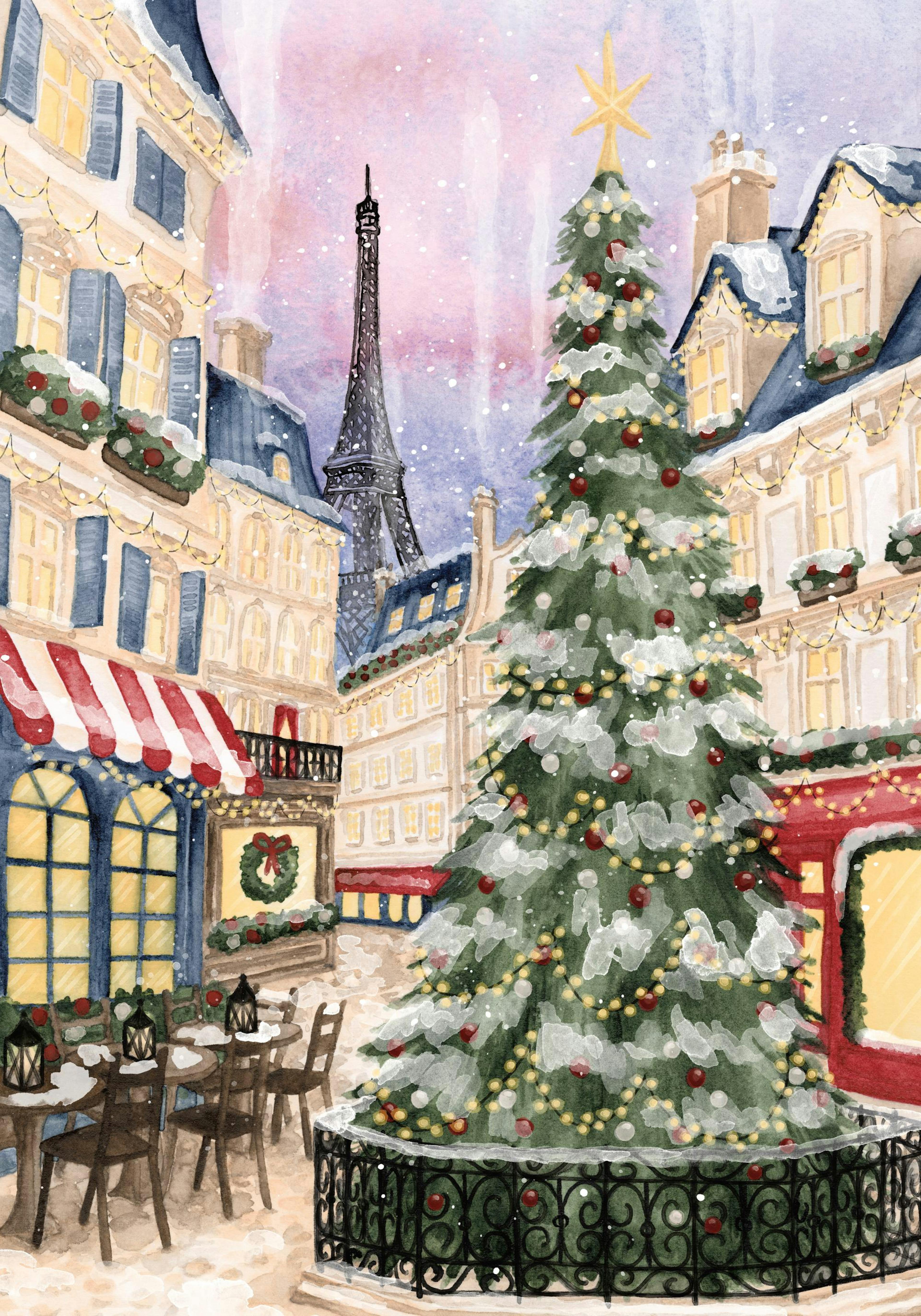 Akvarellmaleri av en snødekket bygate i Paris med et pyntet juletre, kafé og Eiffeltårnet i bakgrunnen.