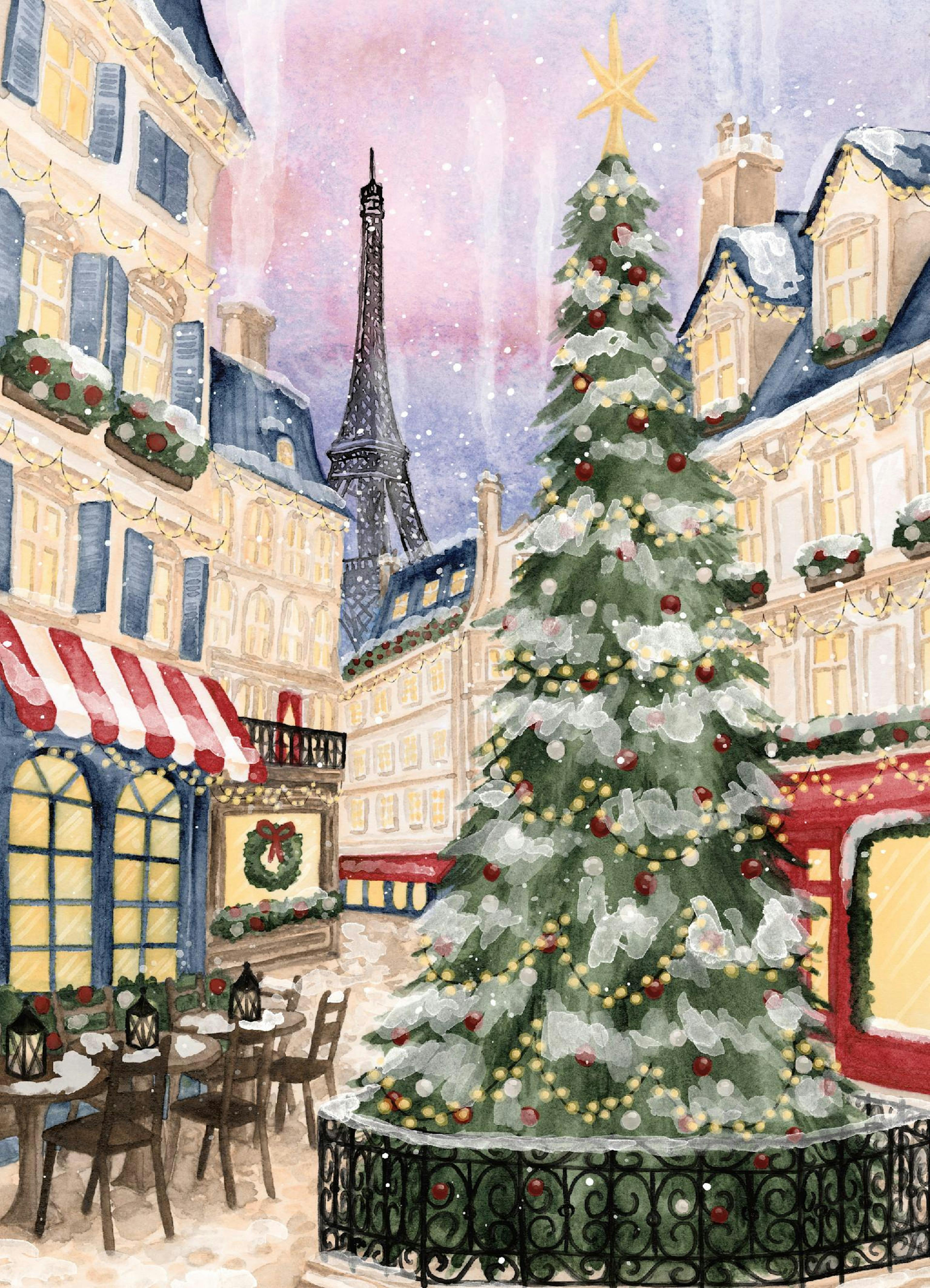 Affiche de Noël représentant une scène enneigée à Paris avec un sapin décoré, des bâtiments aux toits bleus et la Tour Eiffel en
