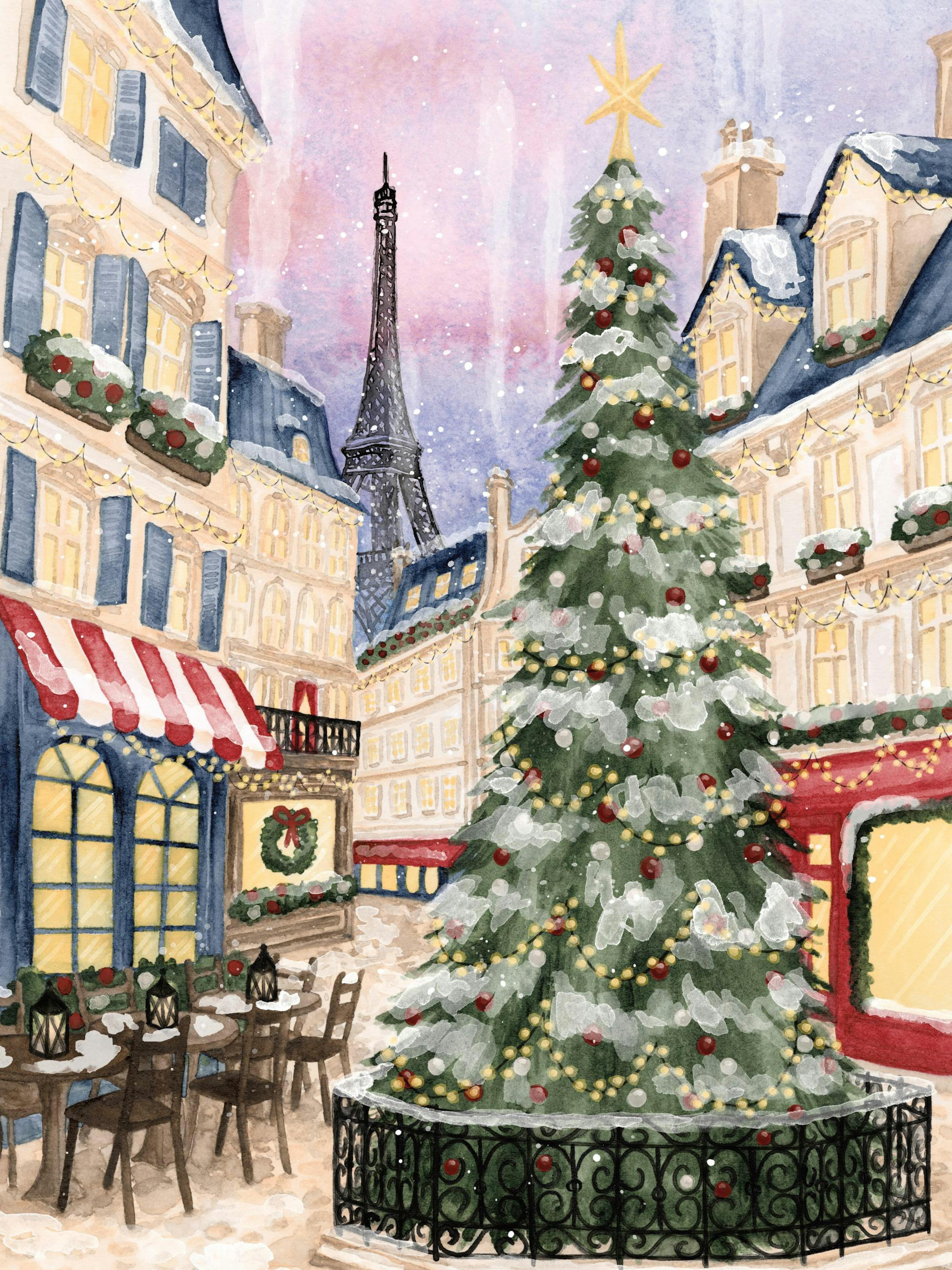 Póster natalício de Paris com neve, Torre Eiffel ao fundo, árvore de Natal decorada e edifícios com grinaldas.