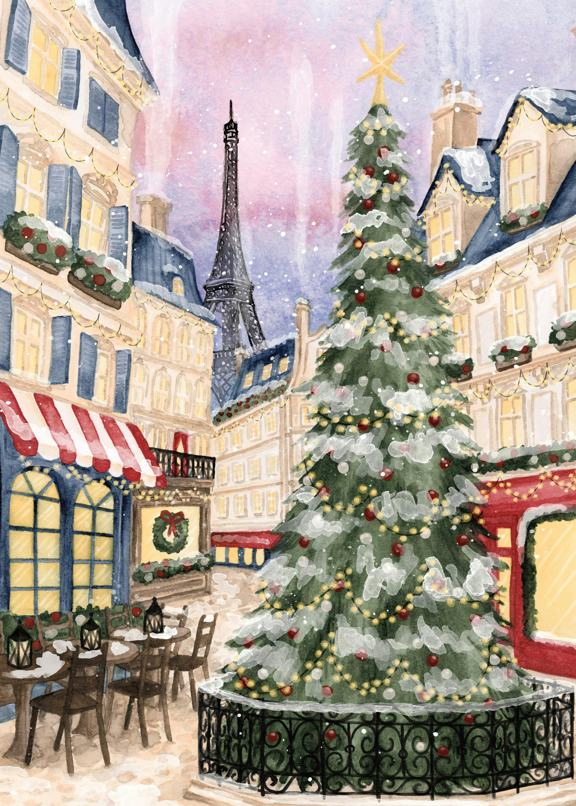 Watercolor painting of a snowy Paris street with a large decorated Christmas tree and the Eiffel Tower.