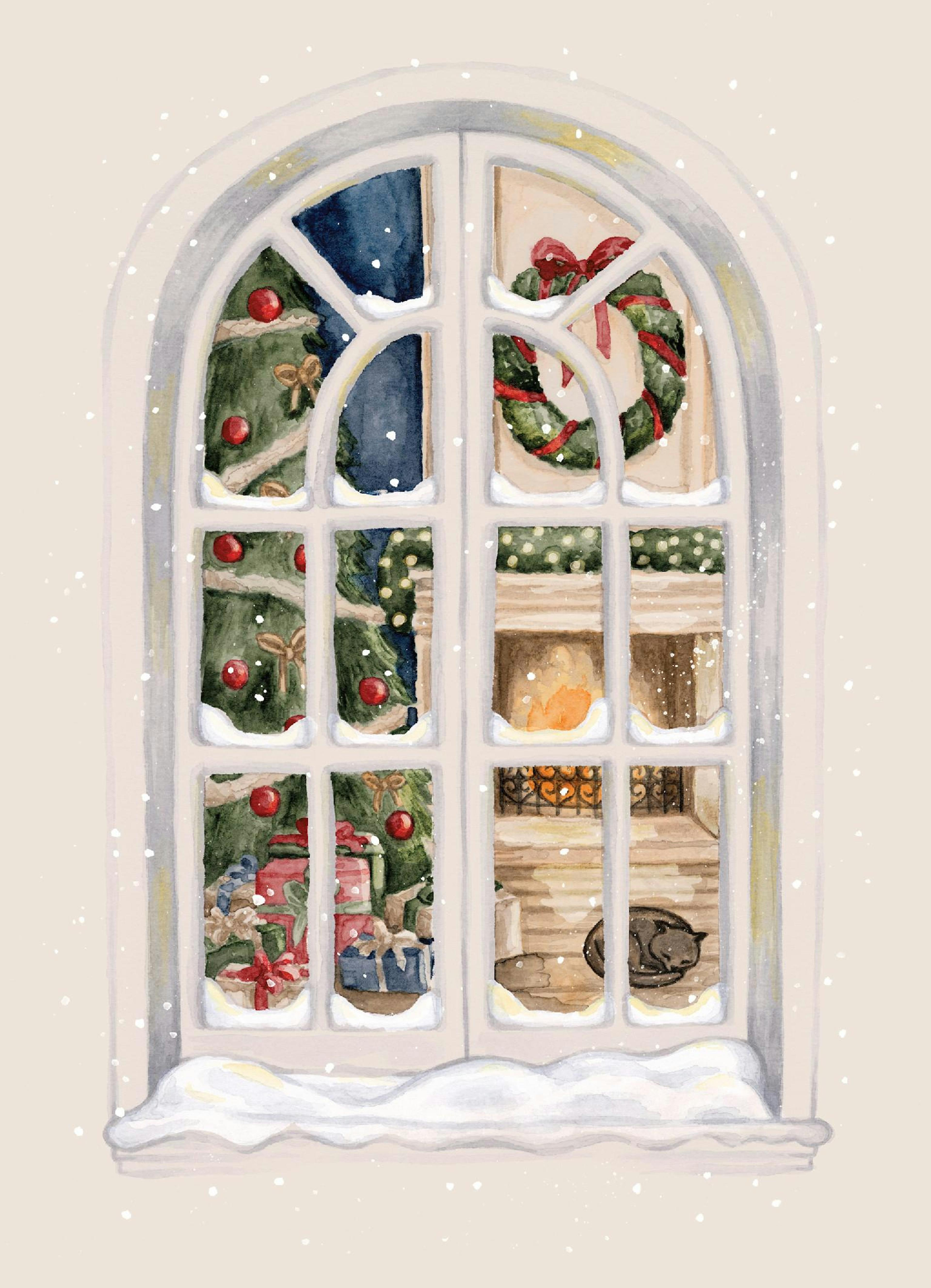 Cozy Christmas print: snowy window view of decorated tree, fireplace, wreath, and sleeping cat inside. Festive poster art.