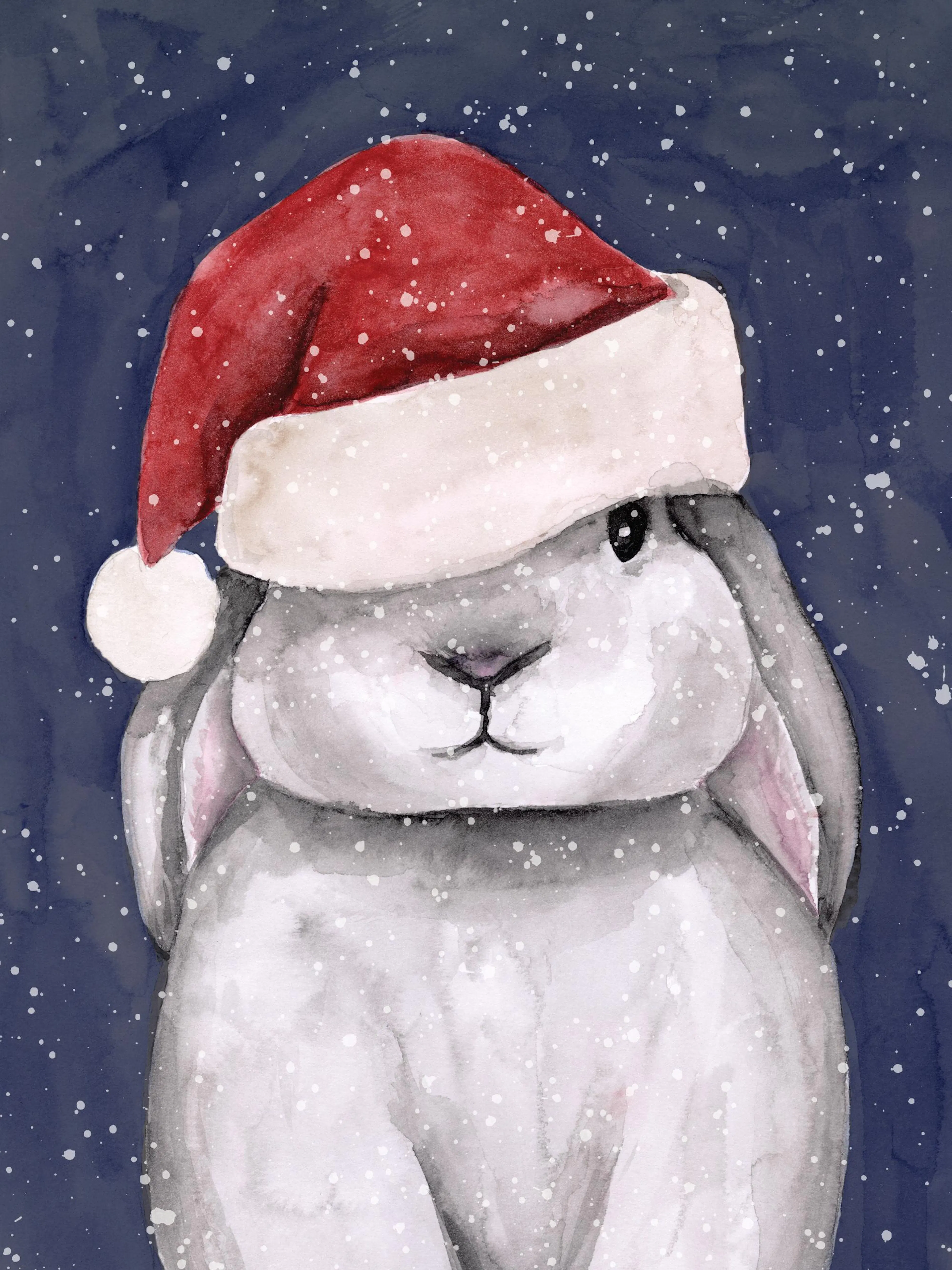 Affiche de lapin de Noël gris avec bonnet de Père Noël et flocons de neige sur fond bleu. Art de Noël, illustration lapin.