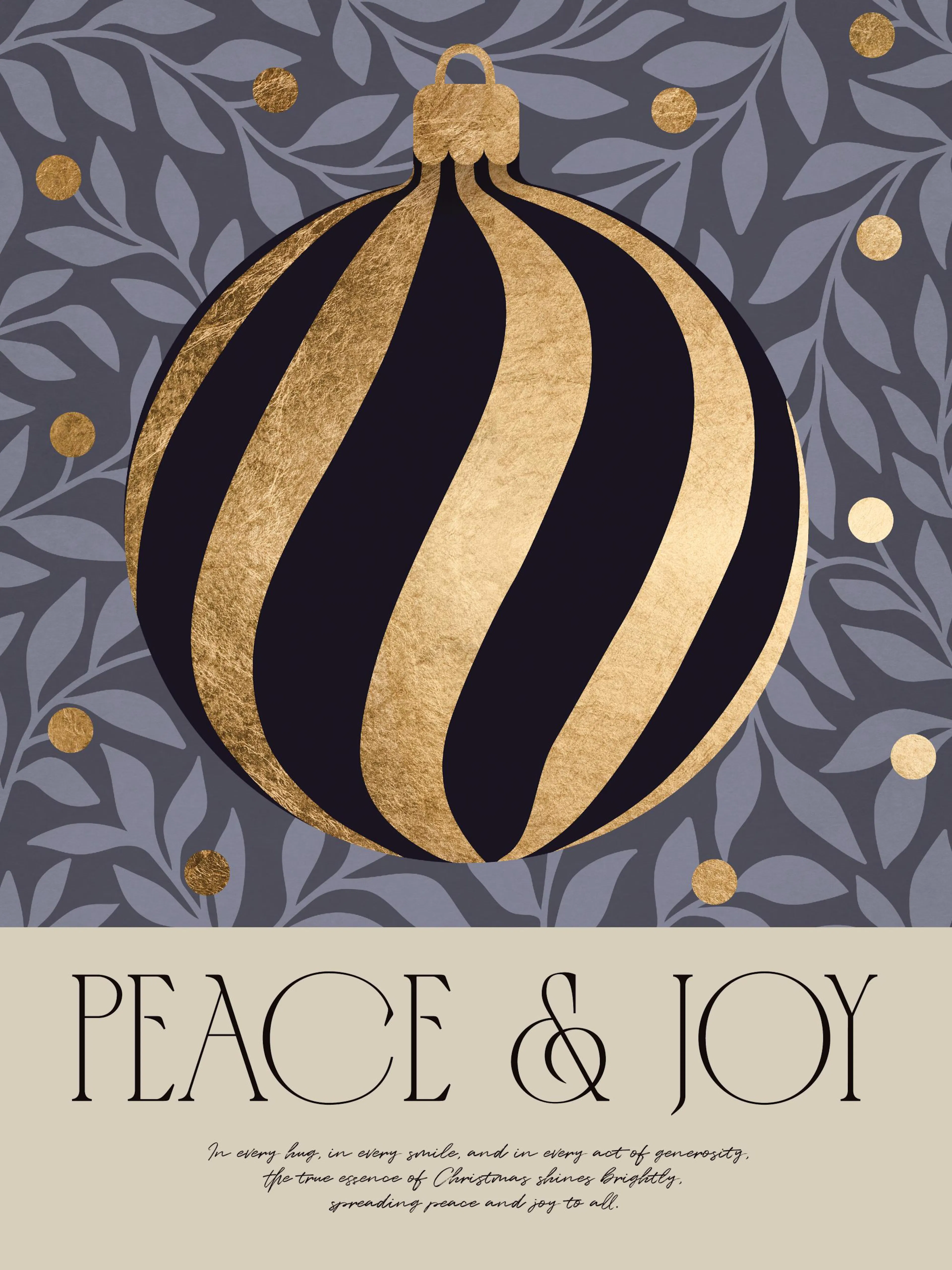 Póster festivo con adorno a rayas dorado y azul marino, patrón de hojas y texto PEACE & JOY.