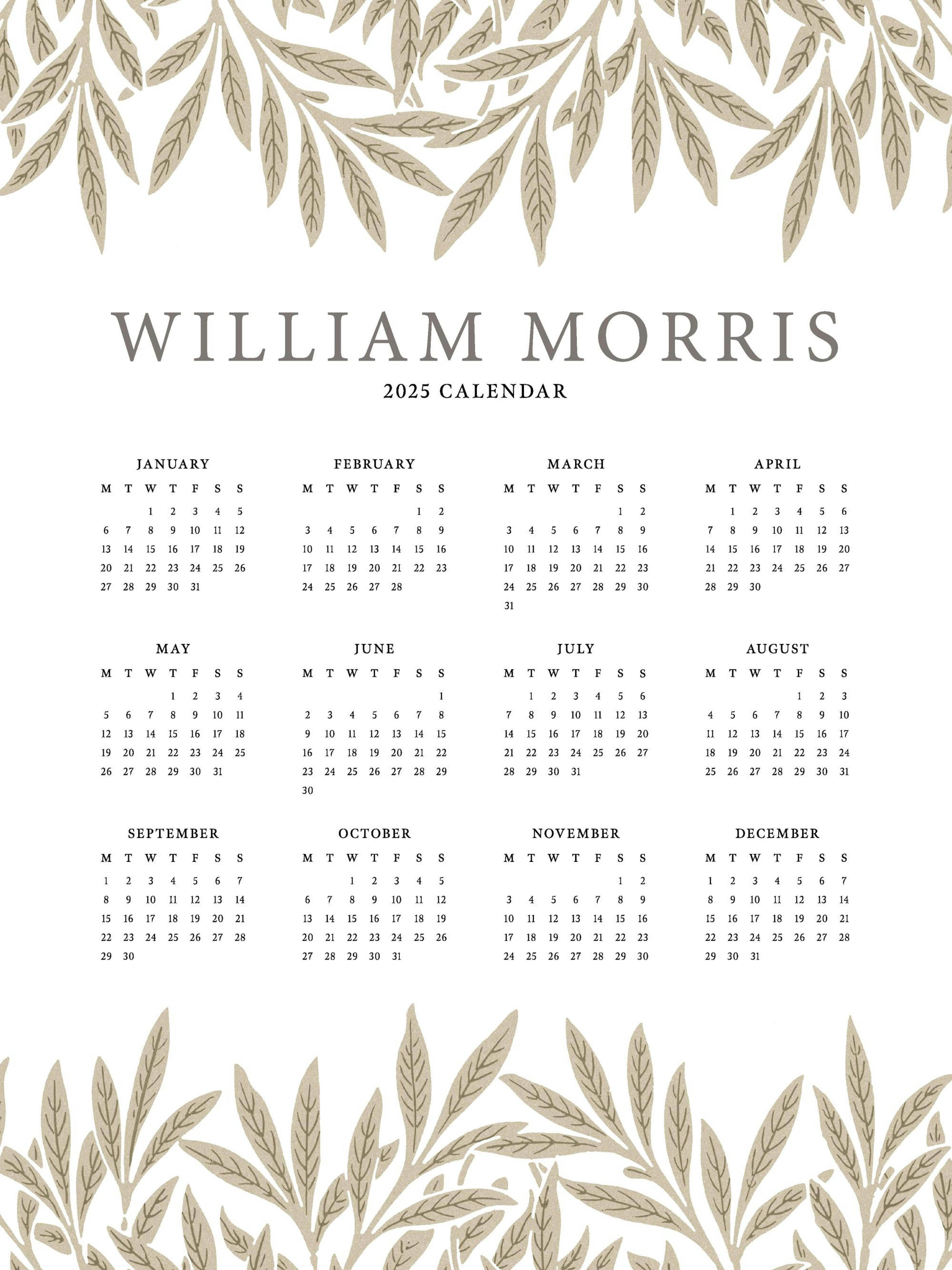 William Morris 2025 kalenderplakat med beige blade og elegant gitterlayout, perfekt til vægkunst.
