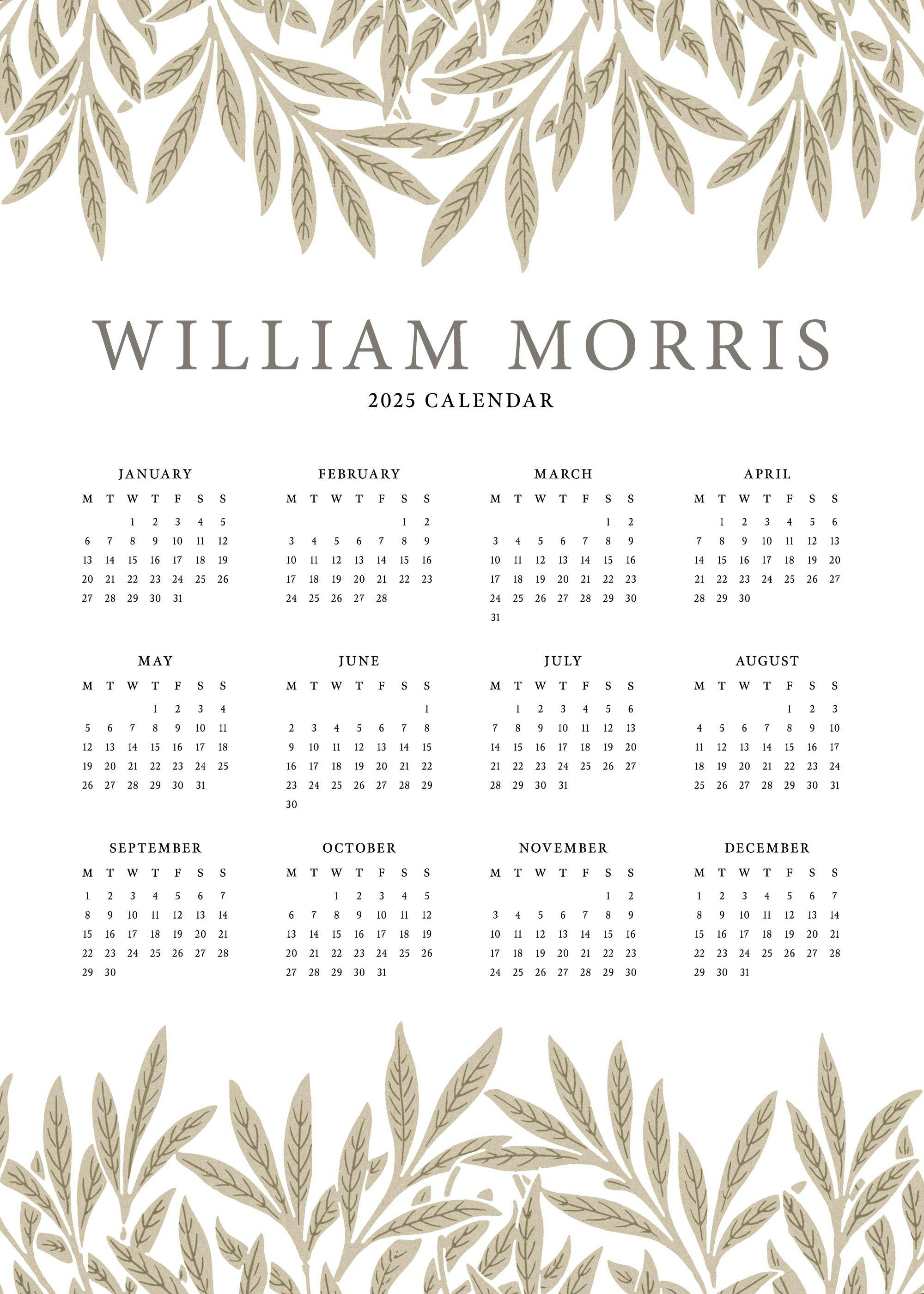 Affiche calendrier 2025 William Morris à motif de feuilles beiges et typographie marron