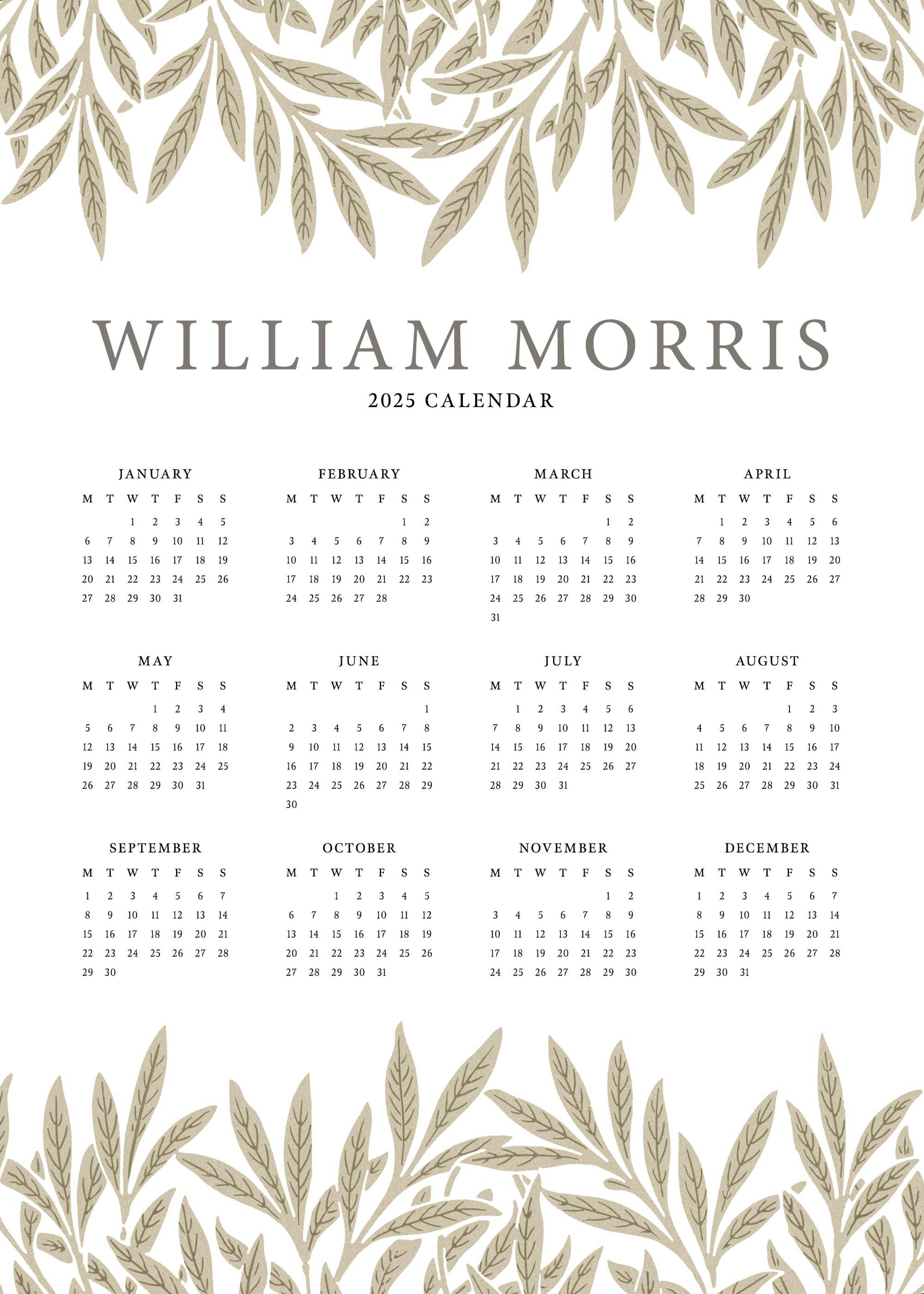 William Morris kalendář 2025 plakát s béžovými listy a mřížkovým rozložením. Art Nouveau styl.