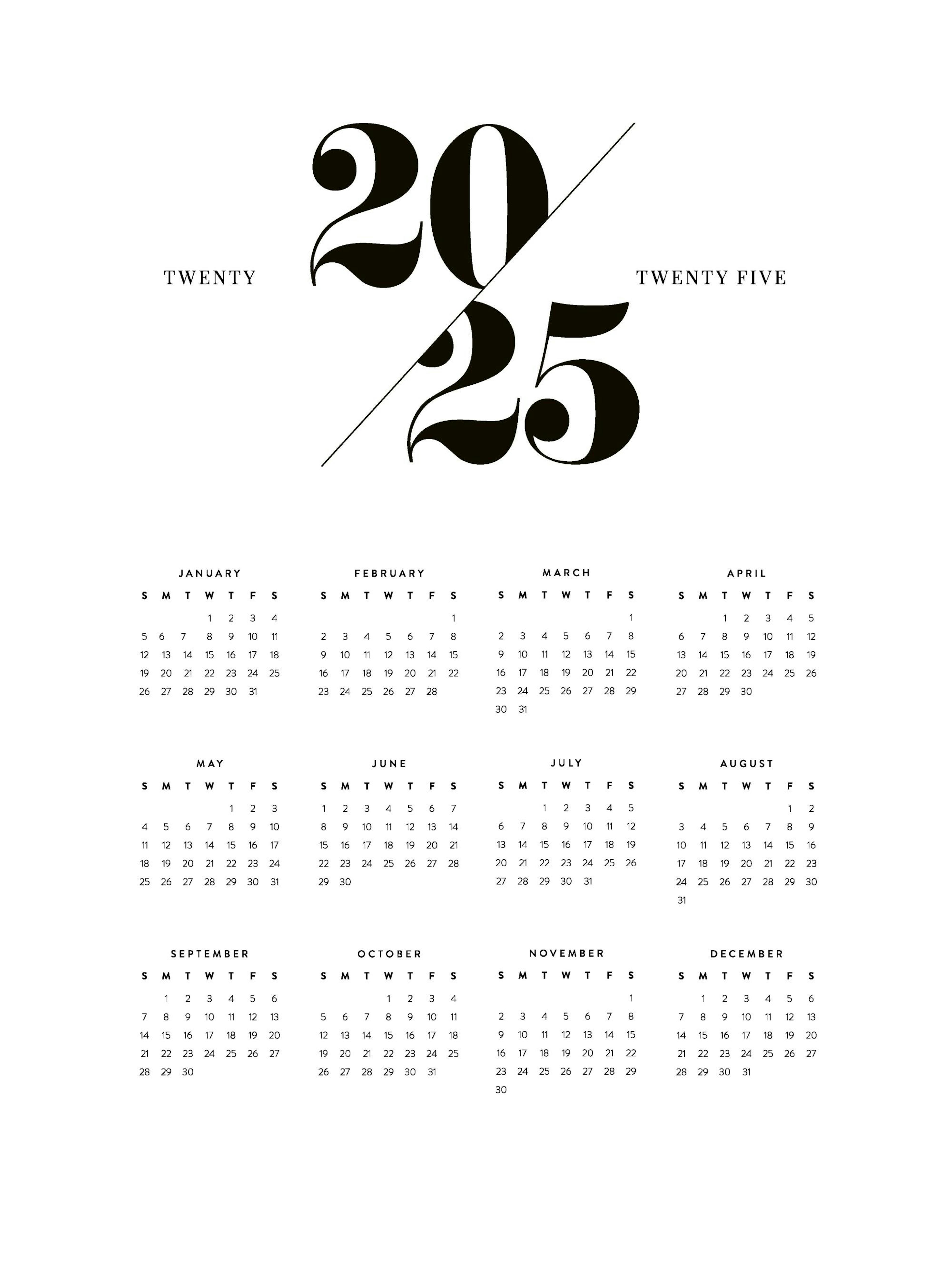 Minimalist 2025 calendar poster with large black numbers and full year overview on a white background.