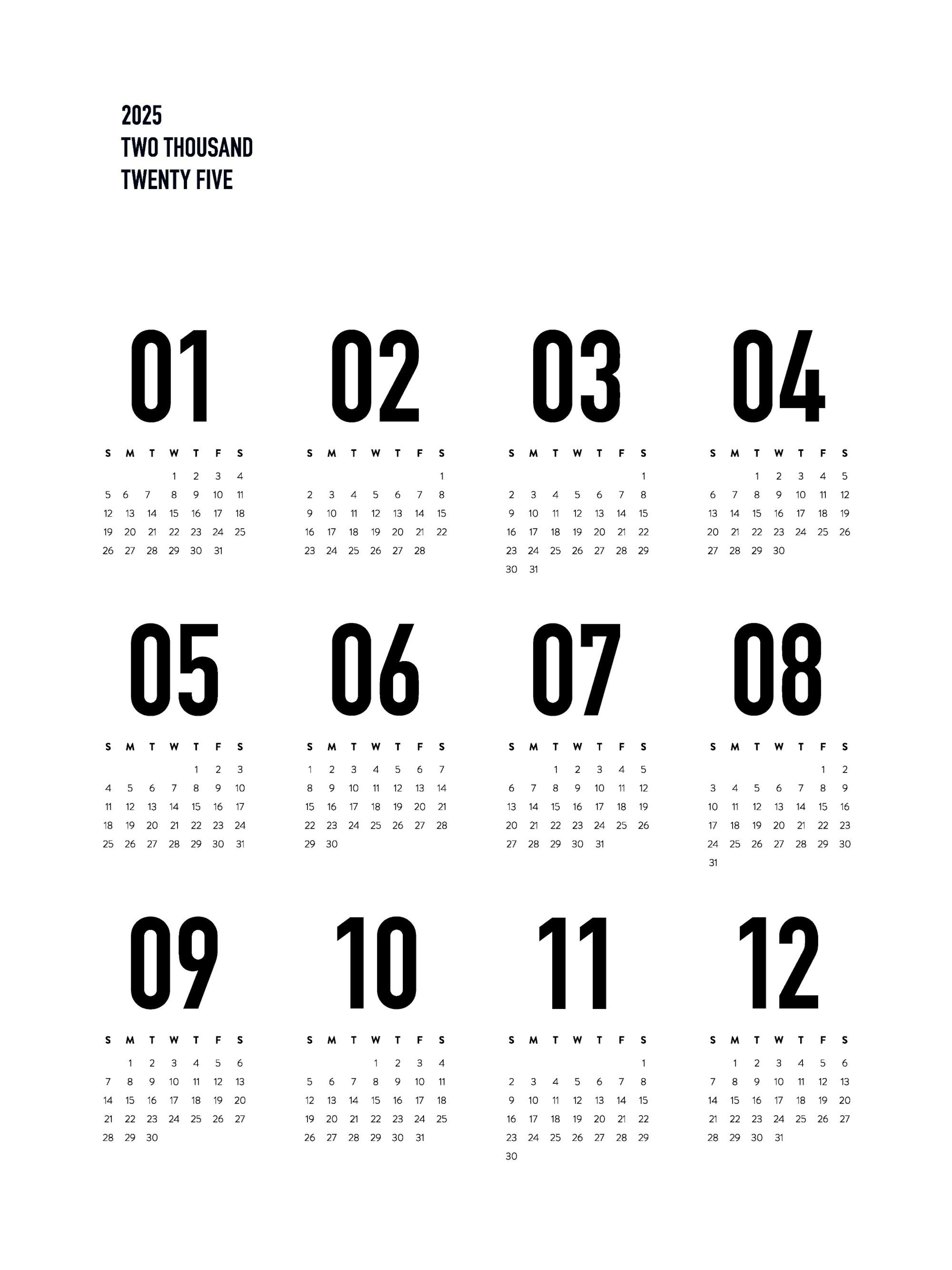 Póster de calendario 2025 minimalista, texto negro sobre fondo blanco, diseño limpio para planificación anual