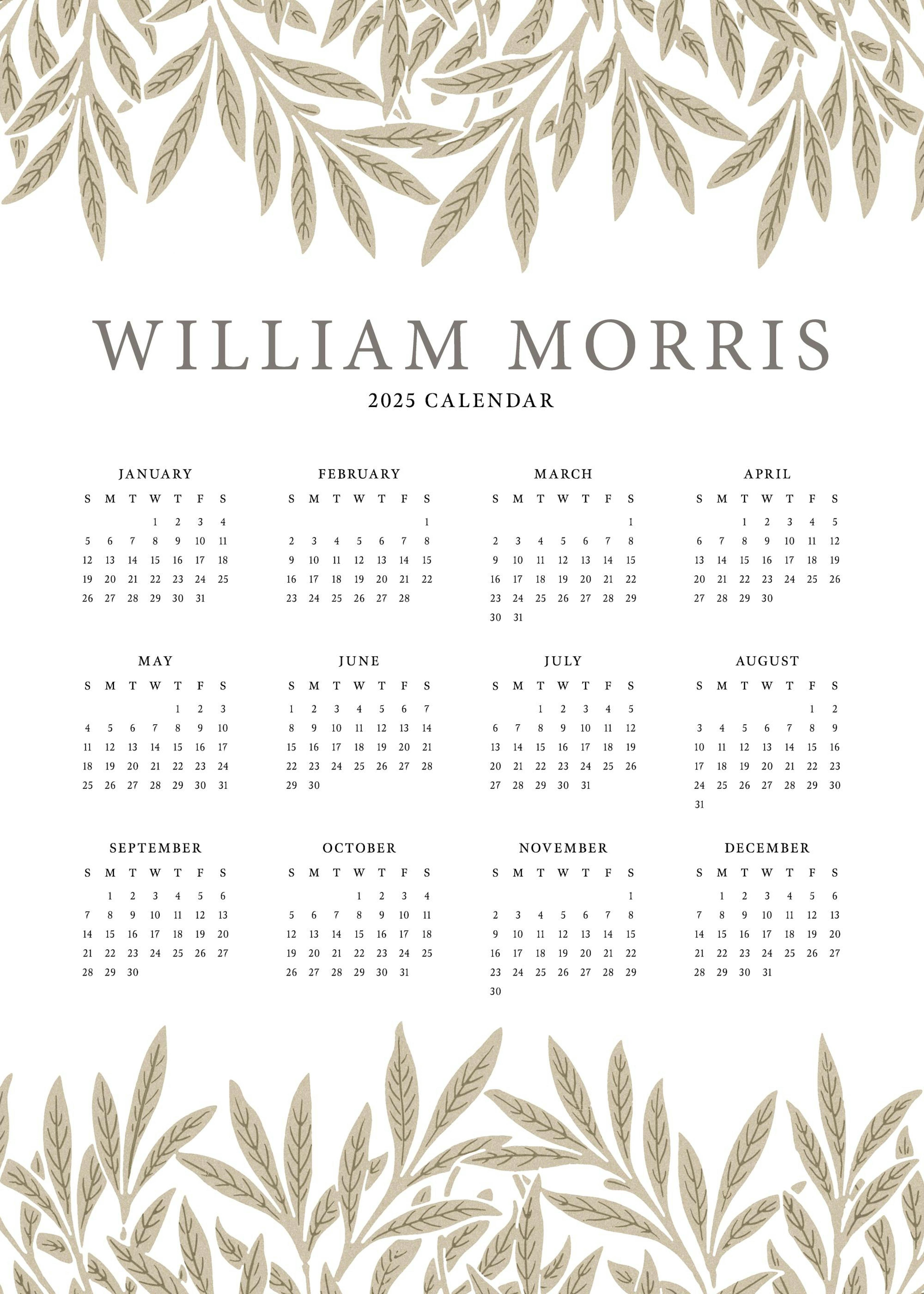 Kalendář William Morris 2025 s béžovými listy a mřížkou.