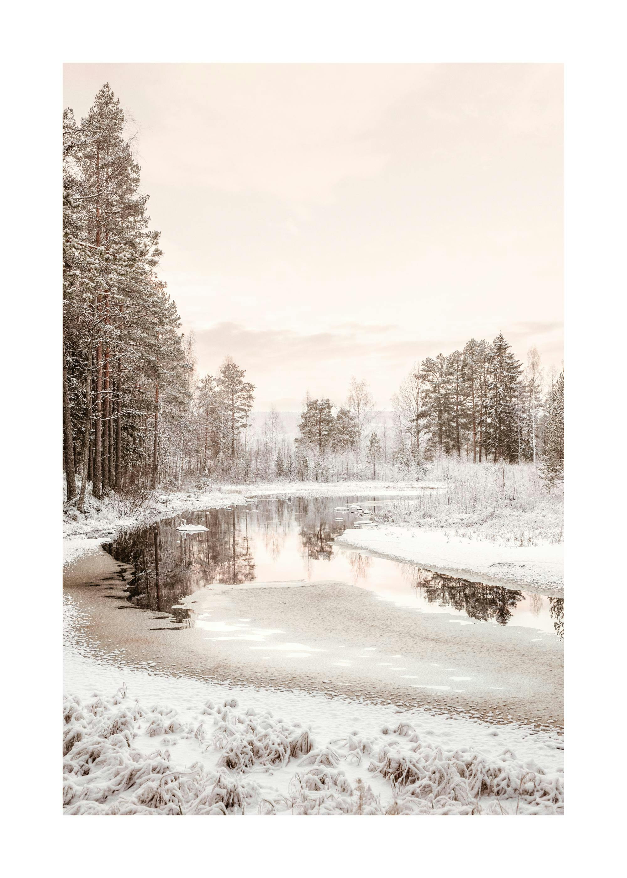 Poster di un lago invernale con alberi innevati e fiume, cielo pastello che si riflette nellacqua.