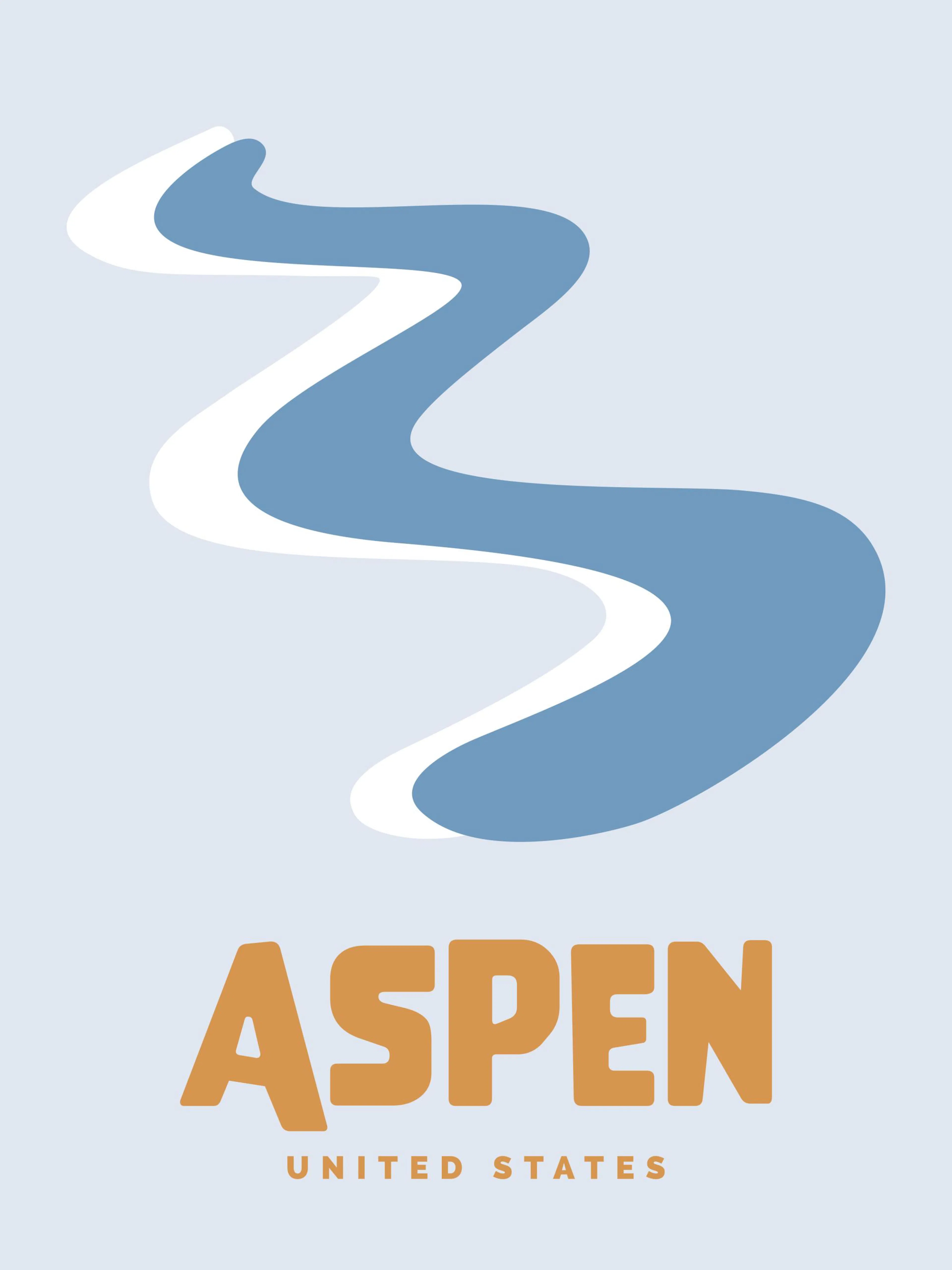 Aspen graphic poster print with wavy blue and white shape on light blue background, orange Aspen text.